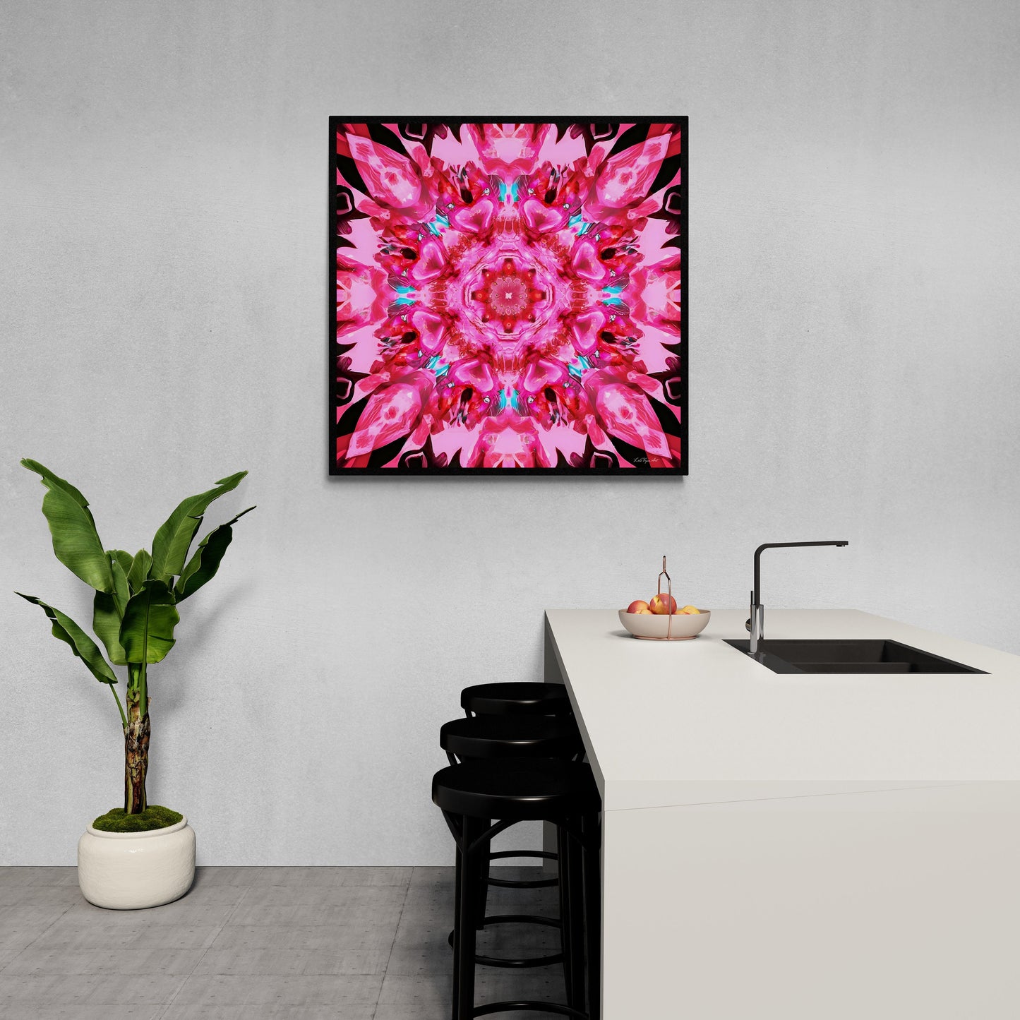 pink mandala kaleidoscope framed canvas wall art, wall art in frame, wall art with frame, wall art framed, wall art living room framed, - LOLA VEGAS ART