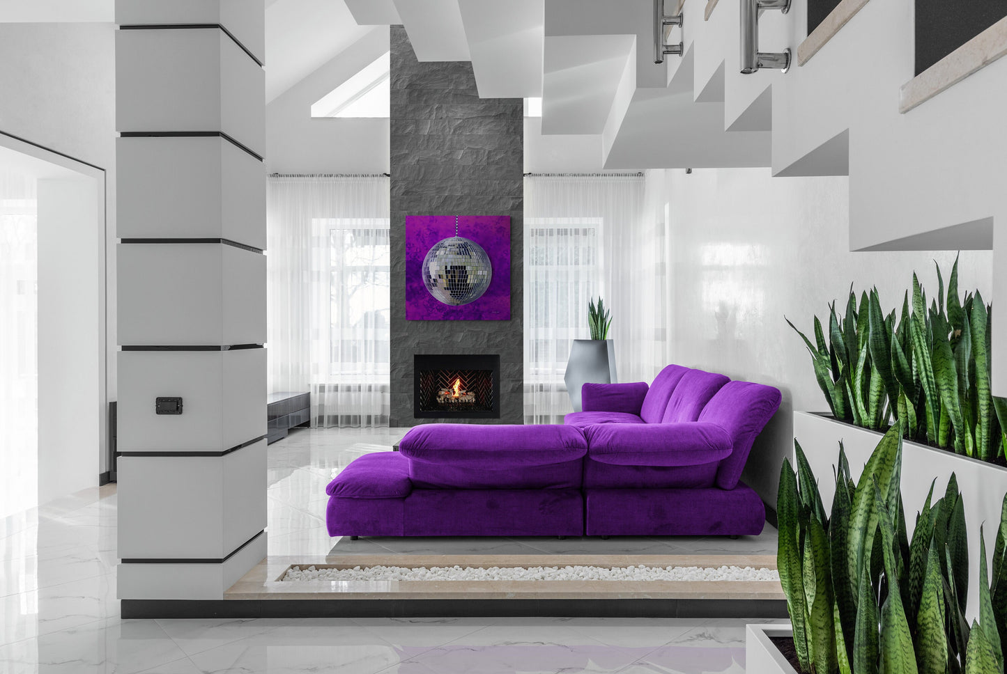 silver disco ball with purple background canvas wall art, wall art dcor, room wall dcor, unique art, glamorous, contemporary, bling art - LOLA VEGAS ART