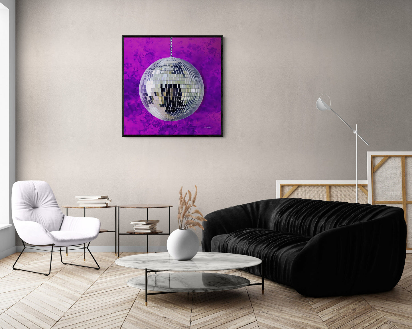 silver disco ball framed canvas wall art, wall art in frame, wall art with frame, wall art framed, wall art canvas with frame, purple - LOLA VEGAS ART