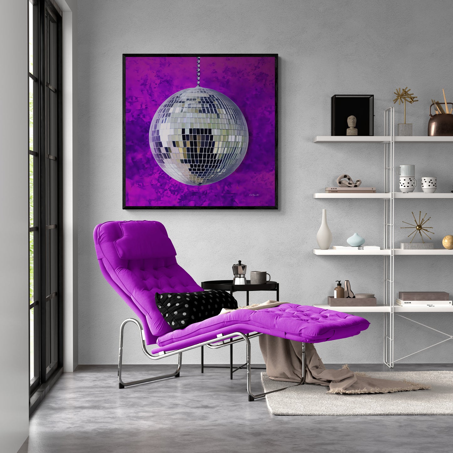 silver disco ball framed canvas wall art, wall art in frame, wall art with frame, wall art framed, wall art canvas with frame, purple - LOLA VEGAS ART