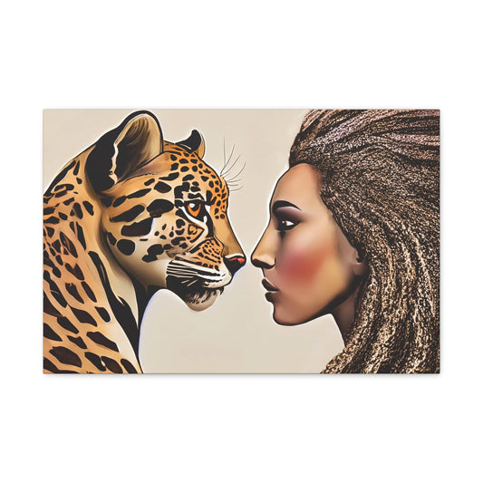 divine feminine black woman and leopard canvas wall art, wall art dcor, room wall dcor, unique art, big cat art, african american art - LOLA VEGAS ART