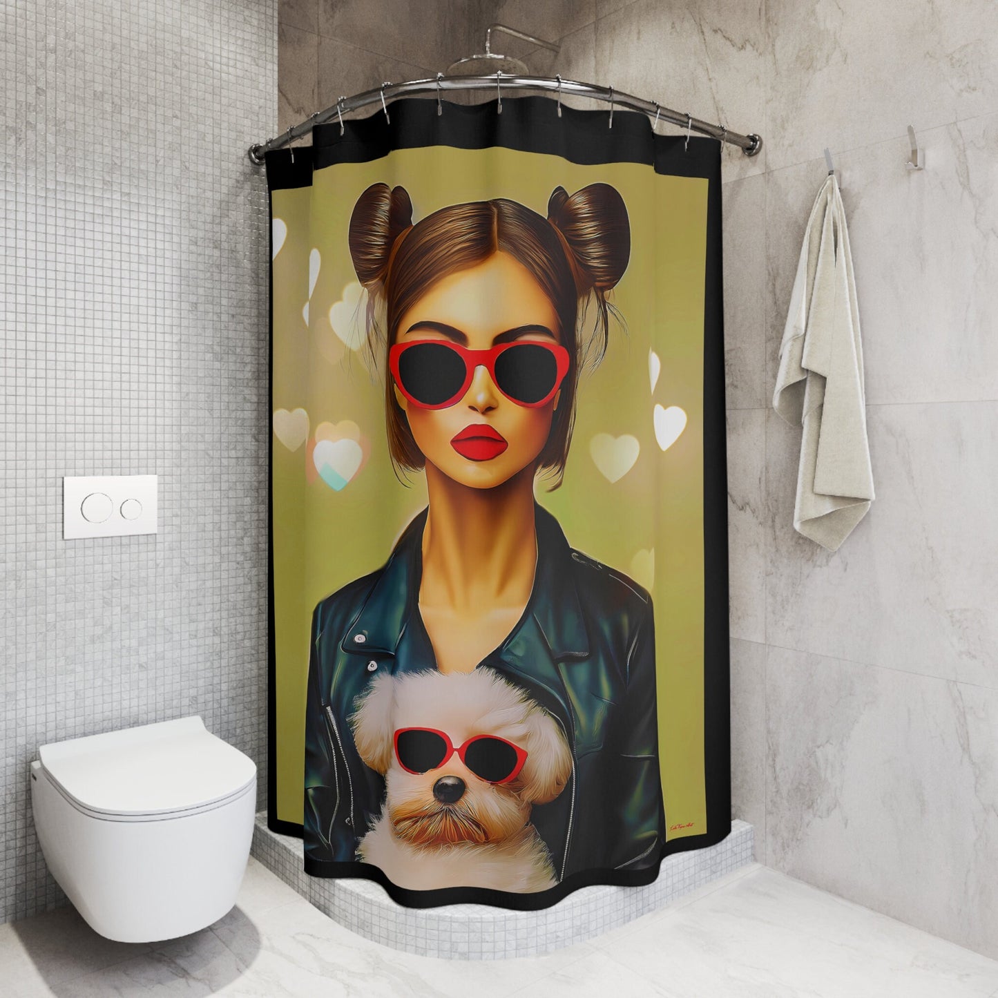woman with dog shower curtain, home accessories, bathroom dcor, bathroom, home dcor, housewarming gift, shower room decor, animal shower - LOLA VEGAS ART