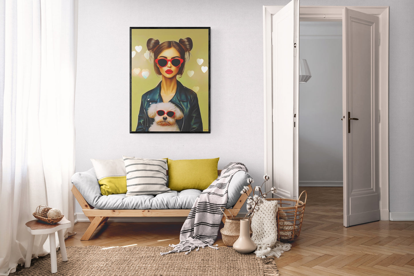woman with dog canvas framed wall art, wall art in frame, wall art framed, wall art canvas with frame, wall art living room framed, dog art - LOLA VEGAS ART
