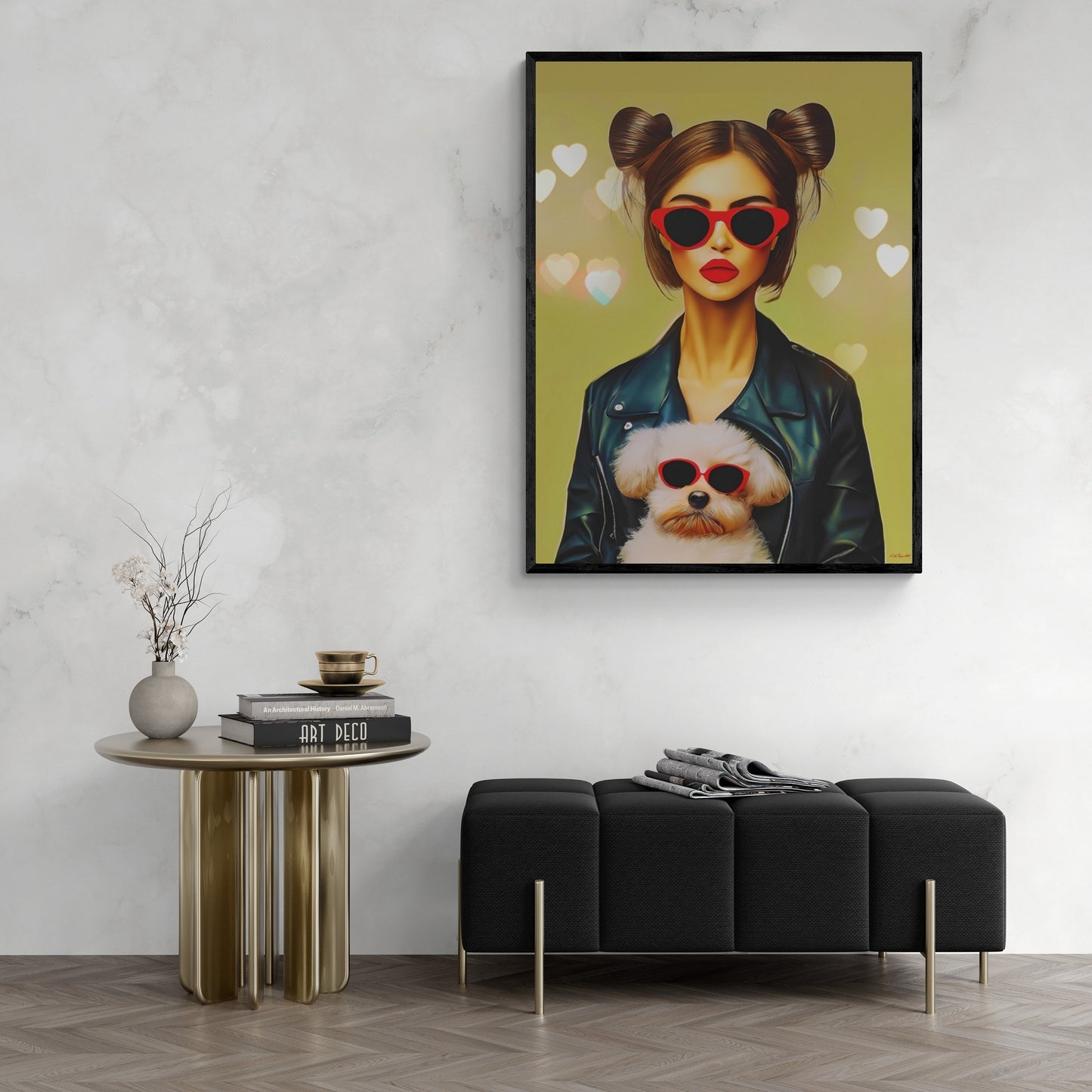 woman with dog canvas framed wall art, wall art in frame, wall art framed, wall art canvas with frame, wall art living room framed, dog art - LOLA VEGAS ART