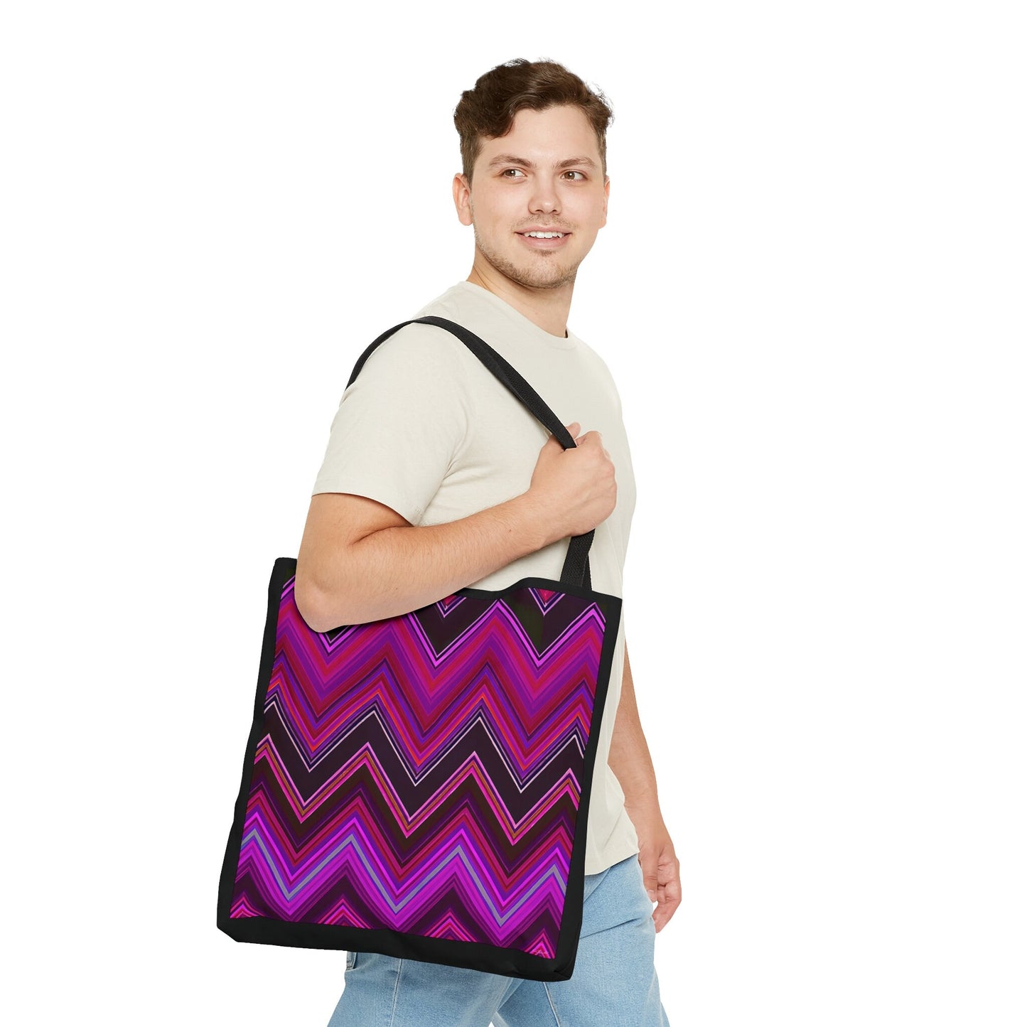 pink and black chevron canvas tote bag, gift for women, canvas shopper, oversized canvas bag, reusable bag, shopping bag, tote bag for women - LOLA VEGAS ART