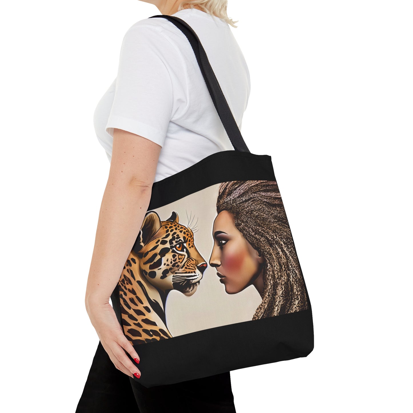 woman and leopard tote bag, canvas bag, tote, gifts for women, canvas shopper, oversized bag, reusable bag, shopping bag, tote bag for women - LOLA VEGAS ART