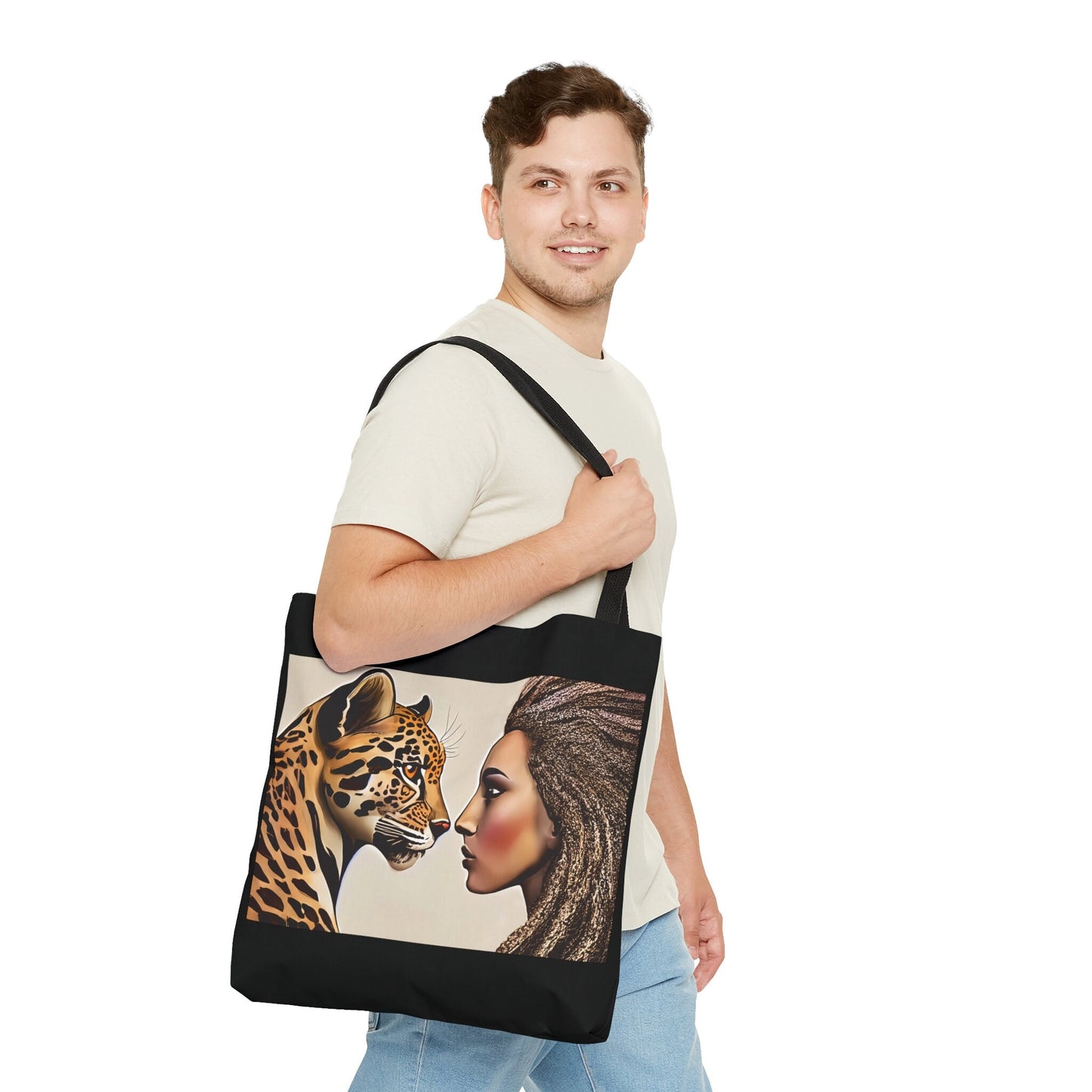 woman and leopard tote bag, canvas bag, tote, gifts for women, canvas shopper, oversized bag, reusable bag, shopping bag, tote bag for women - LOLA VEGAS ART