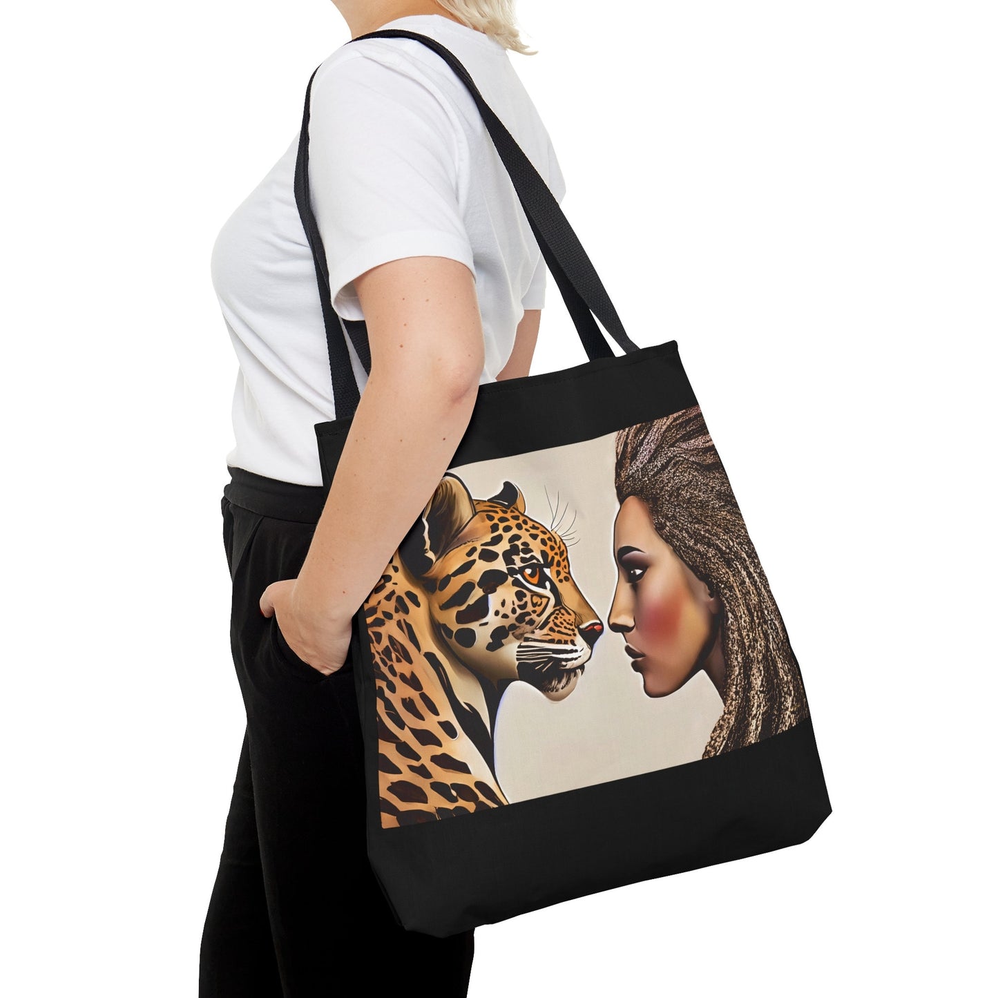 woman and leopard tote bag, canvas bag, tote, gifts for women, canvas shopper, oversized bag, reusable bag, shopping bag, tote bag for women - LOLA VEGAS ART