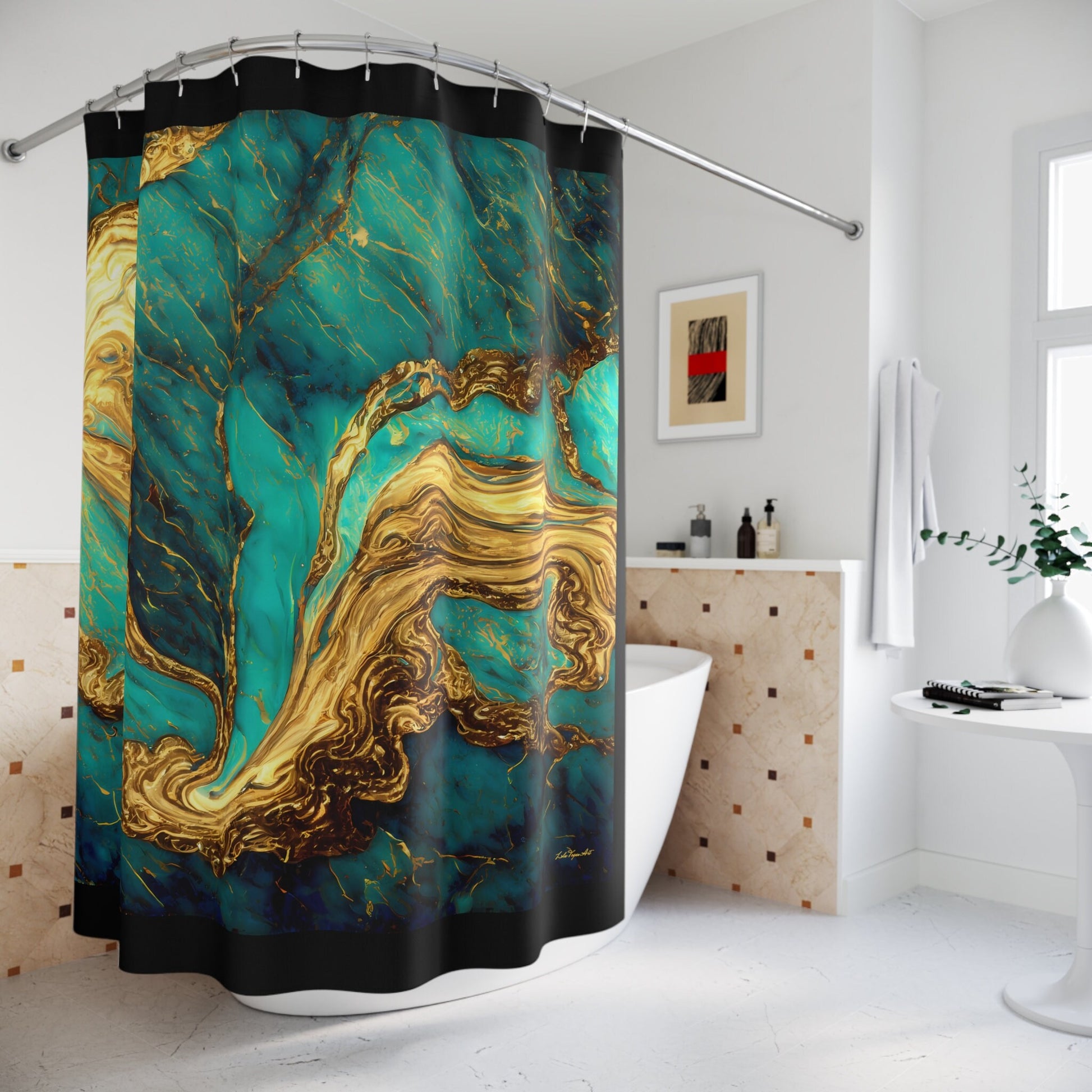 green and gold marble swirl abstract print shower curtain, home accessories, bathroom dcor, bathroom, home dcor, housewarming gift, - LOLA VEGAS ART