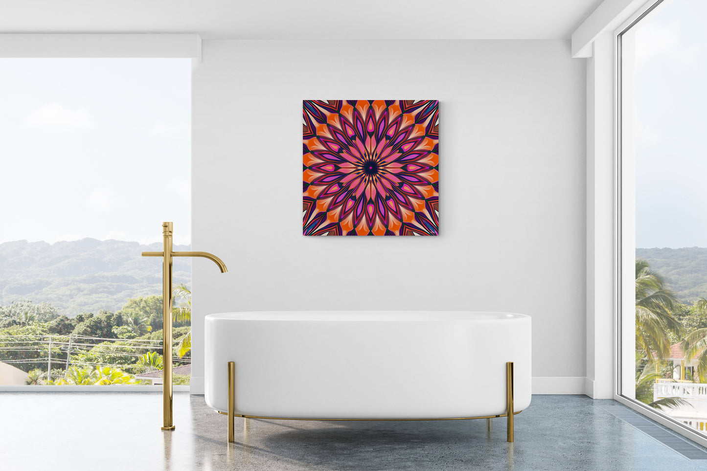 orange and purple abstract sunburst canvas wall art, wall art dcor, room wall dcor, unique art, tribal pattern wall art, boho wall art - LOLA VEGAS ART