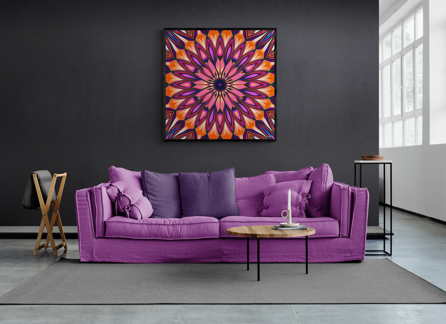 orange abstract sunburst framed canvas wall art, wall art in frame, wall art with frame, wall art framed, wall art living room framed, - LOLA VEGAS ART