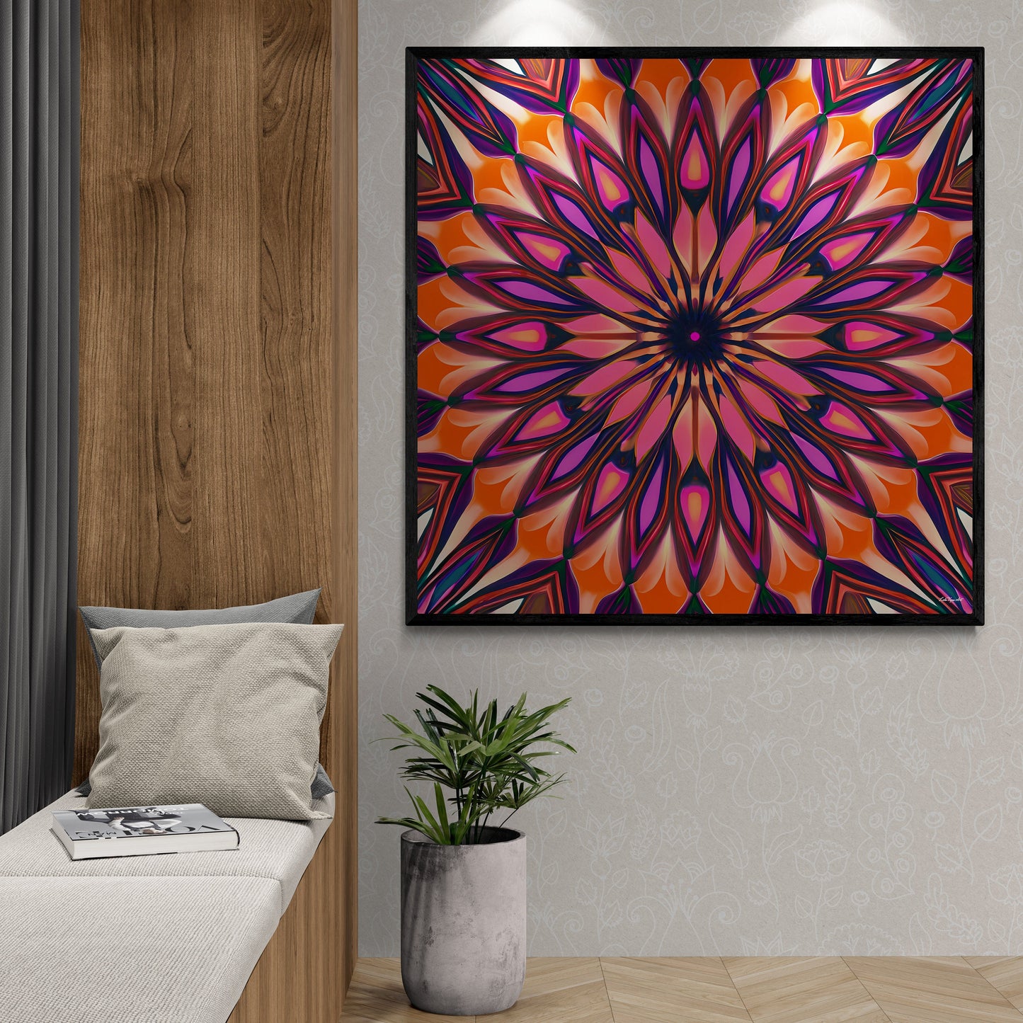 orange abstract sunburst framed canvas wall art, wall art in frame, wall art with frame, wall art framed, wall art living room framed, - LOLA VEGAS ART