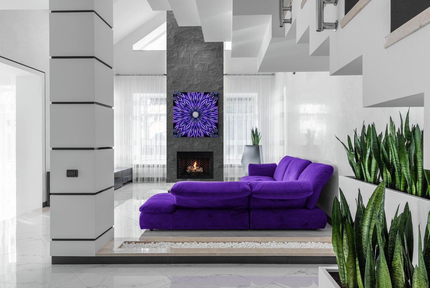 purple abstract sunburst canvas wall art, wall art dcor, room wall dcor, unique art. contemporary wall art, large wall art, ready to hang - LOLA VEGAS ART