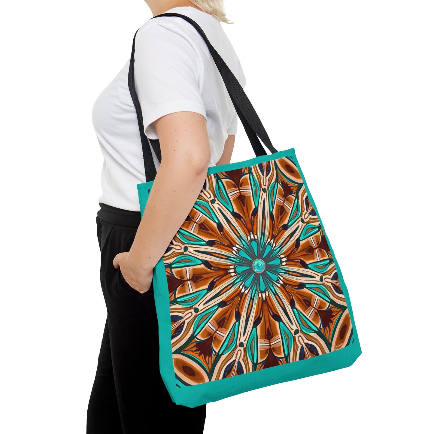 tan and turquoise southwestern canvas tote bag, shopper, oversized bag, reusable bag, shopping bag, tote bag for women - LOLA VEGAS ART