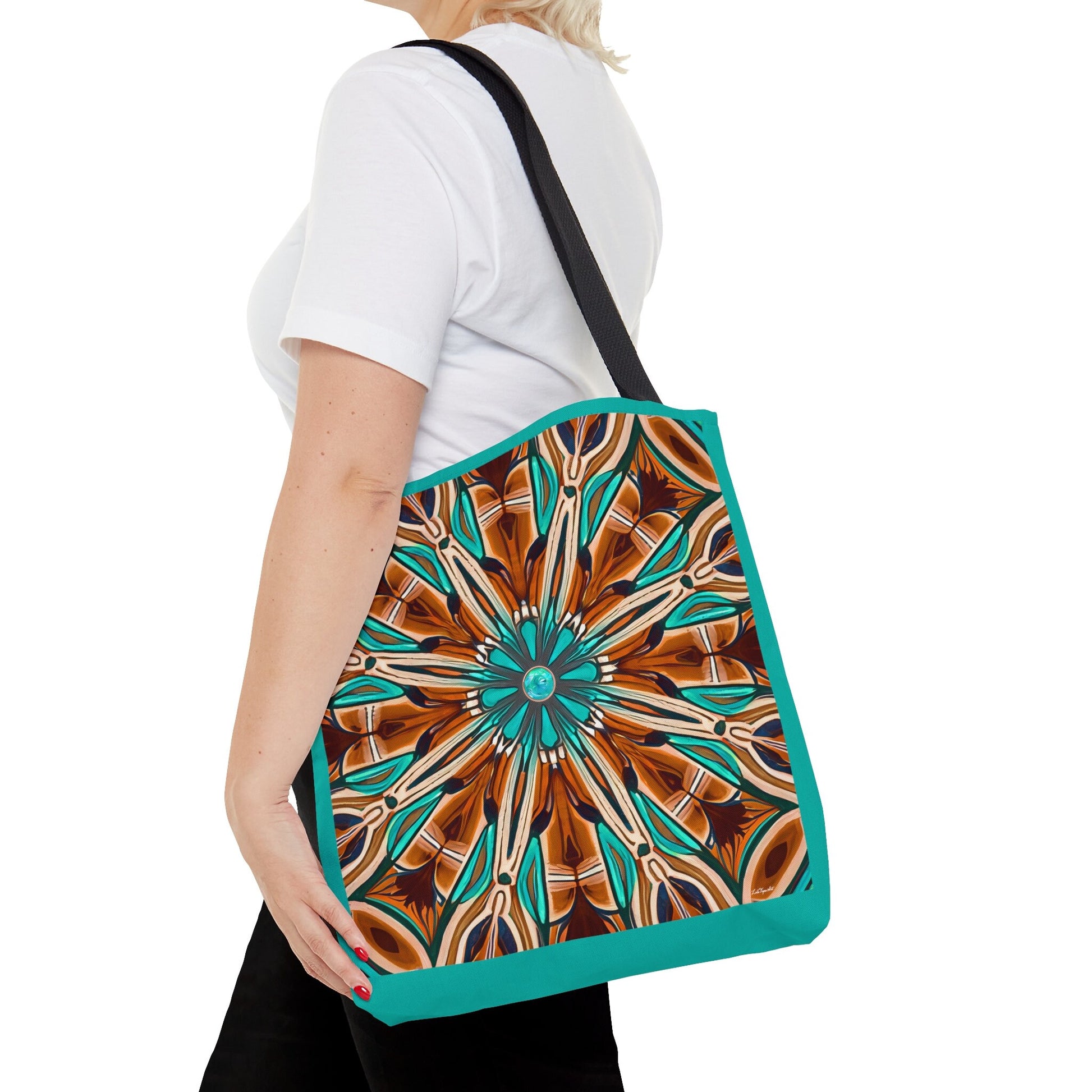 tan and turquoise southwestern canvas tote bag, shopper, oversized bag, reusable bag, shopping bag, tote bag for women - LOLA VEGAS ART