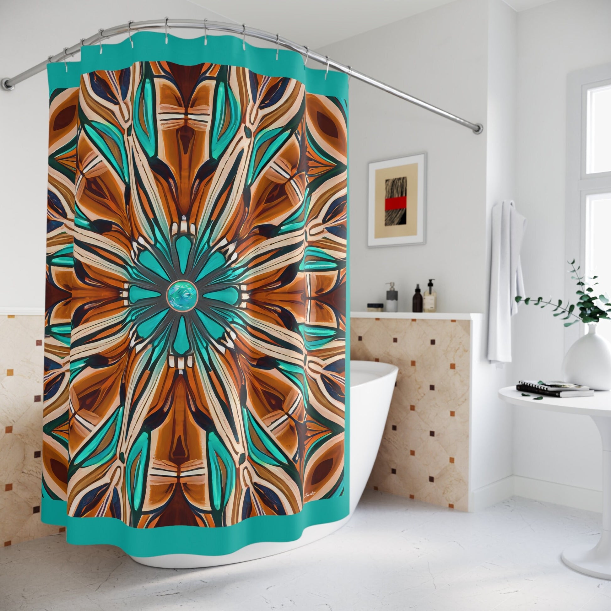 tan and turquoise southwestern shower curtain, home accessories, bathroom dcor, home dcor, housewarming gift, shower decor - LOLA VEGAS ART
