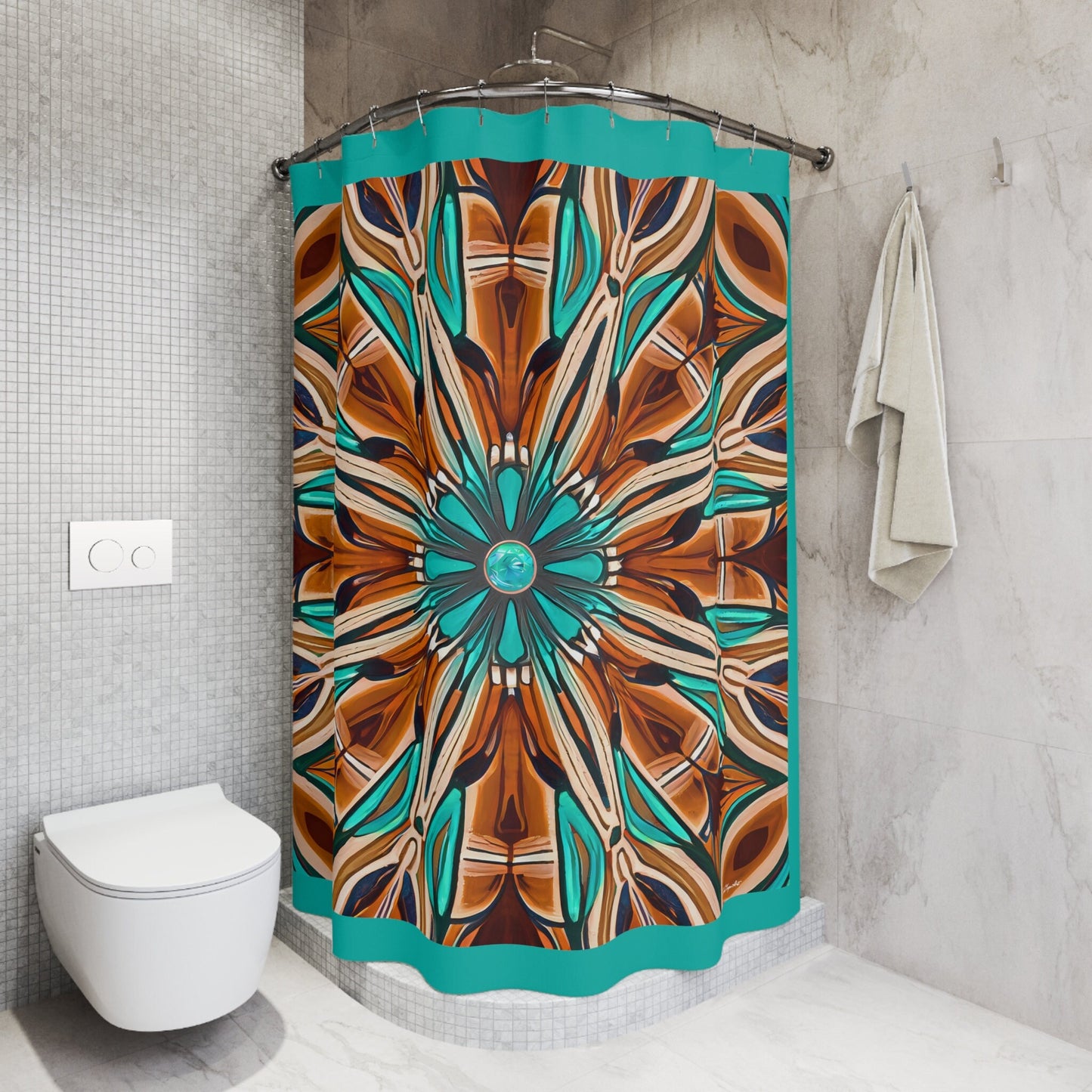 tan and turquoise southwestern shower curtain, home accessories, bathroom dcor, home dcor, housewarming gift, shower decor - LOLA VEGAS ART