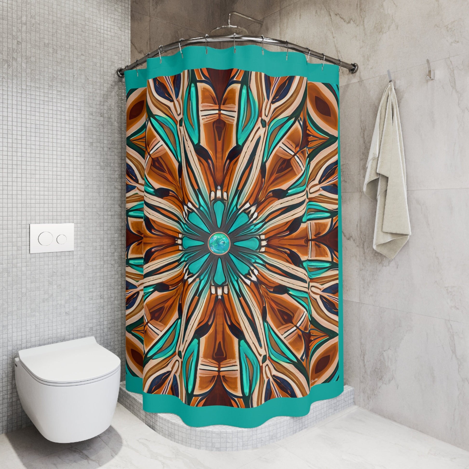 tan and turquoise southwestern shower curtain, home accessories, bathroom dcor, home dcor, housewarming gift, shower decor - LOLA VEGAS ART