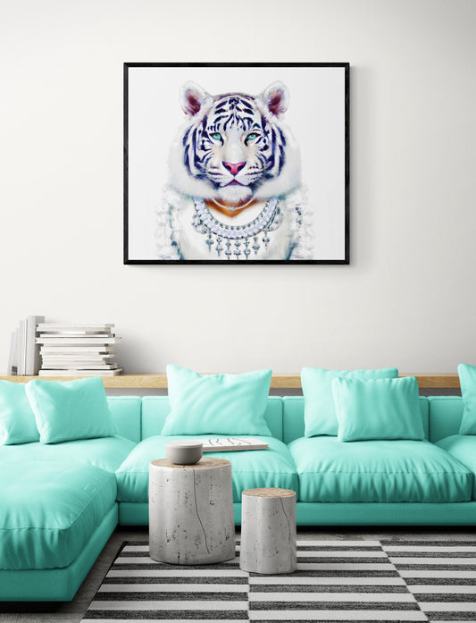 white tiger in diamonds framed canvas wall art, tiger art, tiger picture, animal art, animal print, wall art dcor, tiger decor, big cat art - LOLA VEGAS ART
