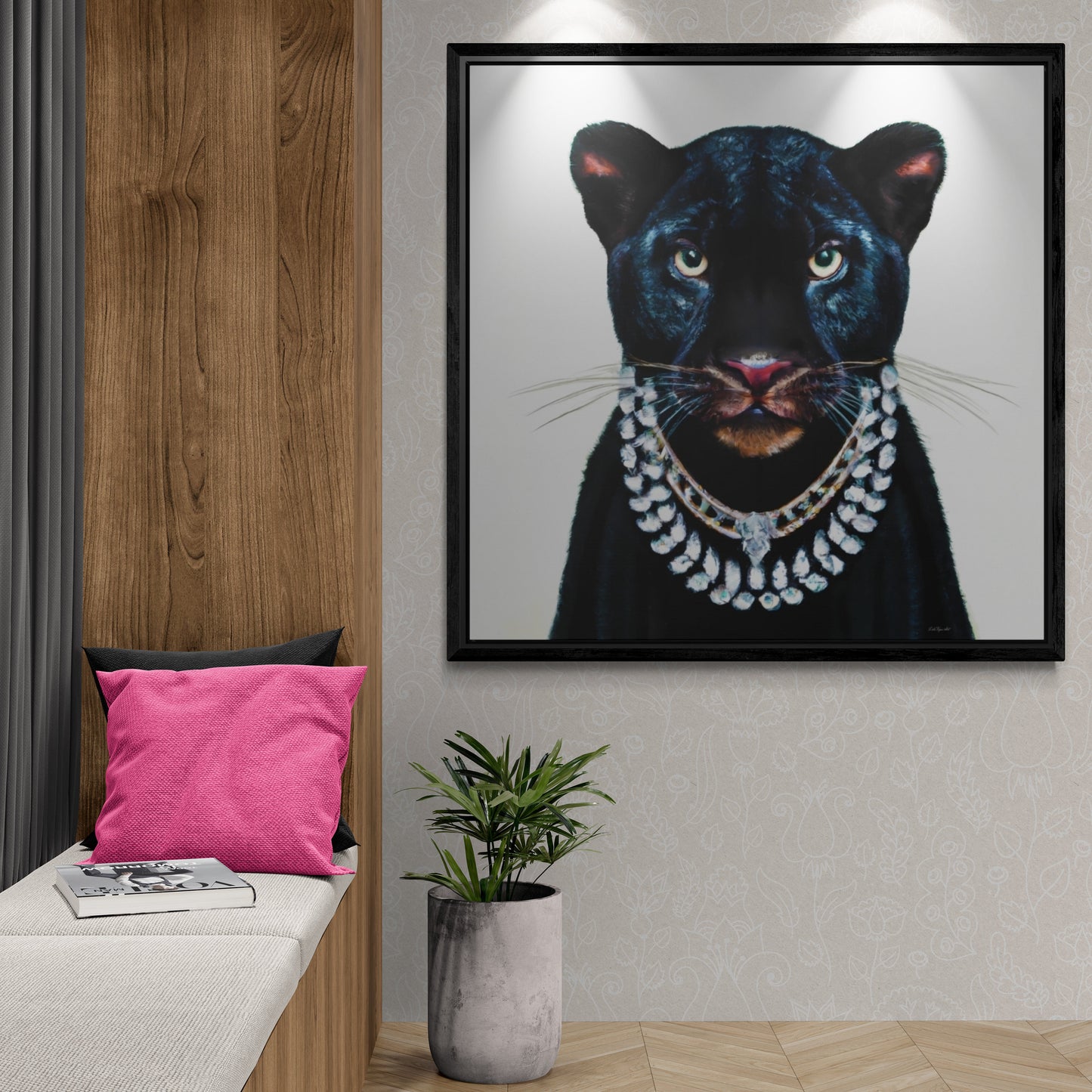 black panther in diamonds framed canvas wall art, , animal prints, big cat wall art,wall art dcor, exotic animal wall art, panther decor - LOLA VEGAS ART
