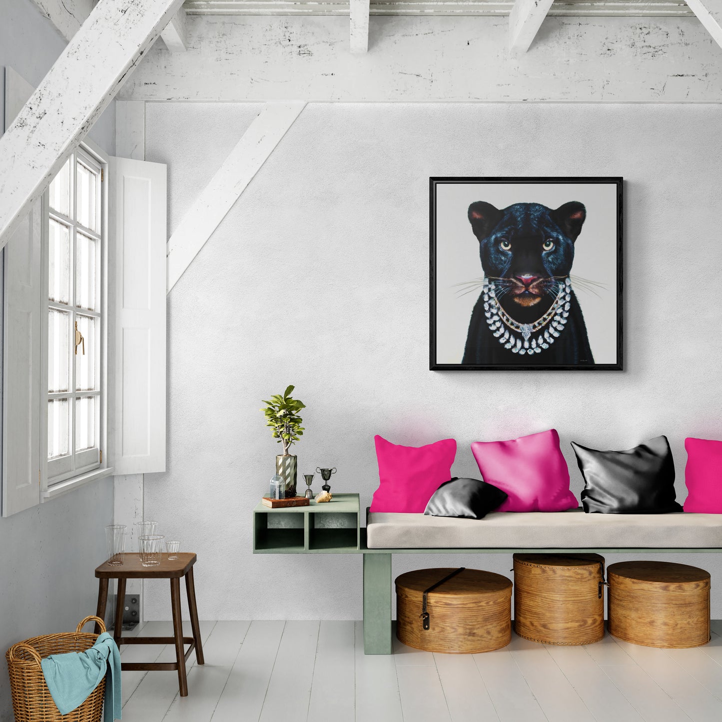 black panther in diamonds framed canvas wall art, , animal prints, big cat wall art,wall art dcor, exotic animal wall art, panther decor - LOLA VEGAS ART