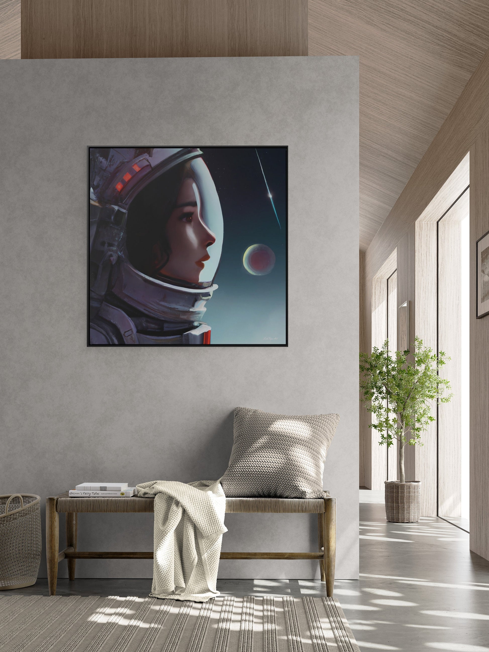 asian female astronaut framed canvas wall art, space art, space art print, astronaut in space, wall art, astronaut gift, emotional wall art - LOLA VEGAS ART