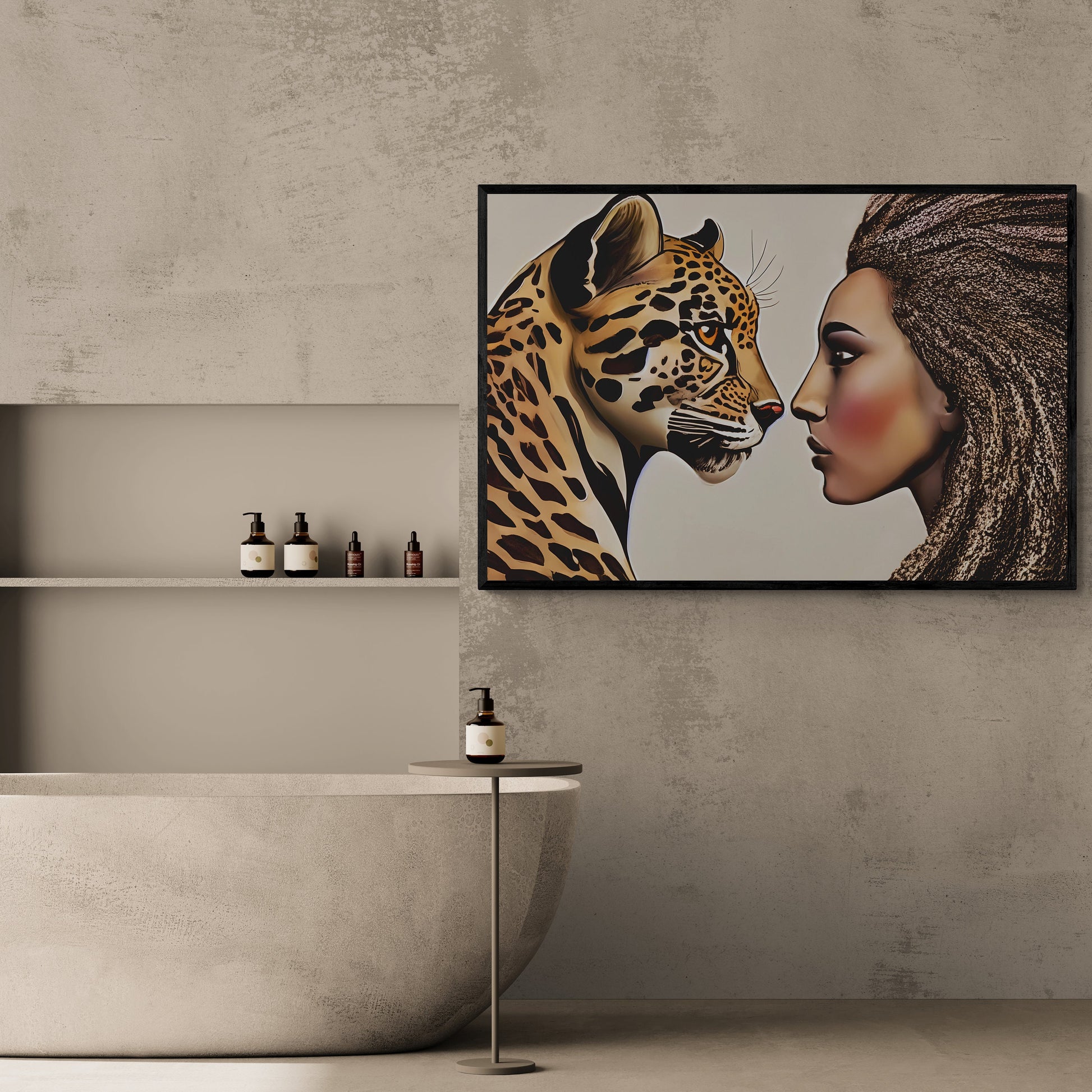 african american woman and leopard framed canvas wall art, wall art canvas with frame, wall art living room framed, wall art canvas framed, - LOLA VEGAS ART