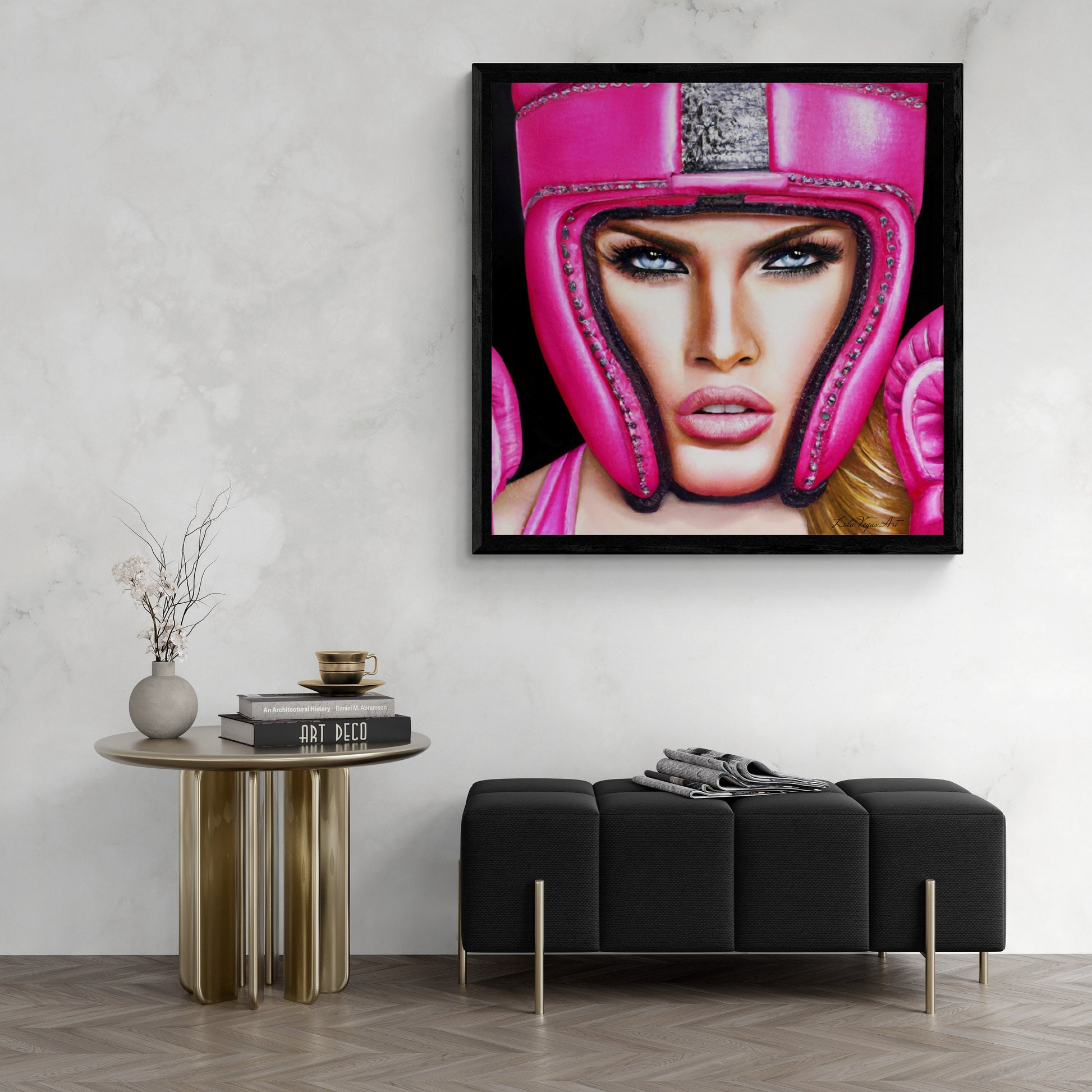beautiful female boxer in hot pink helmet framed canvas wall art, unique art, powerful woman, strong goddess, wall art woman, unique art - LOLA VEGAS ART