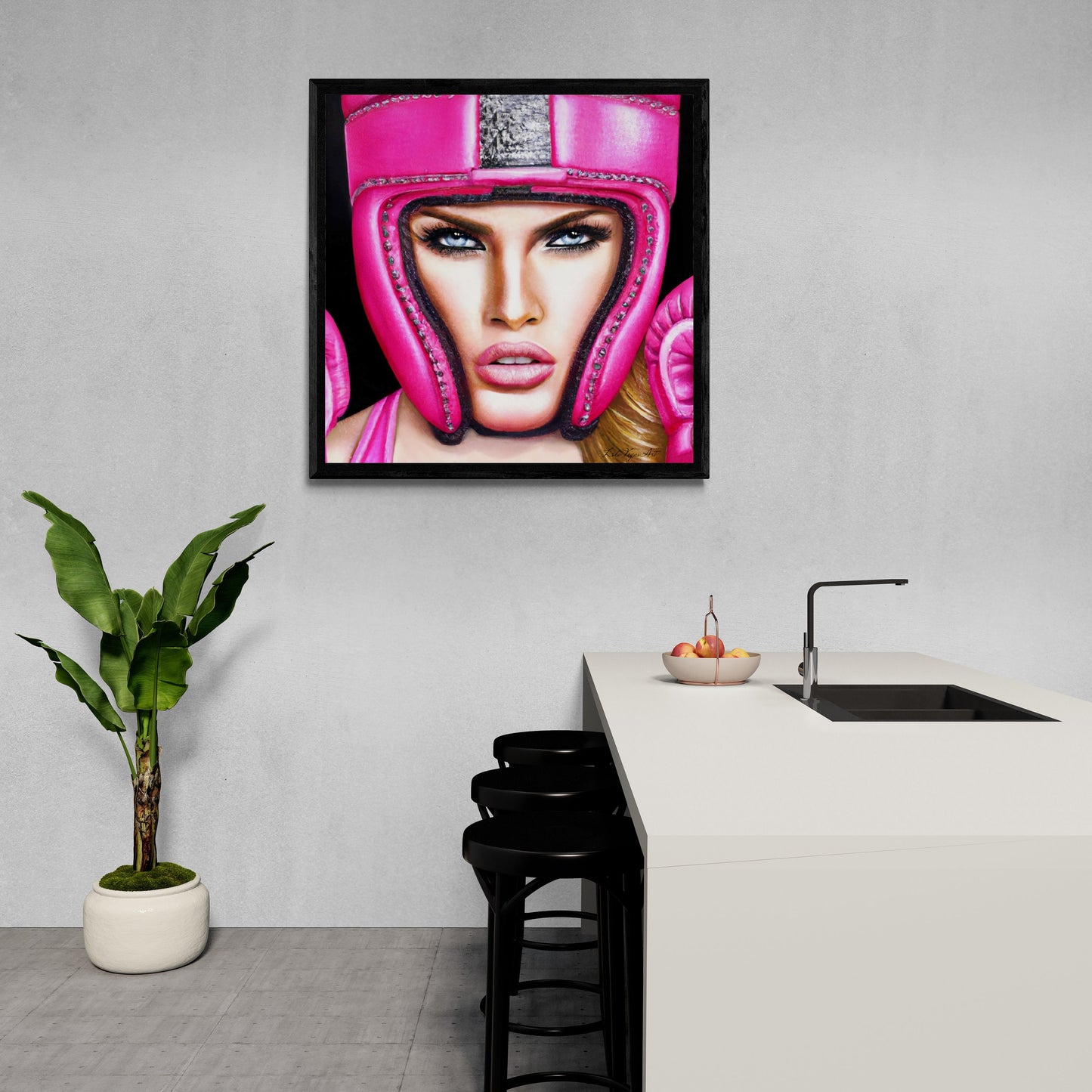 beautiful female boxer in hot pink helmet framed canvas wall art, unique art, powerful woman, strong goddess, wall art woman, unique art - LOLA VEGAS ART