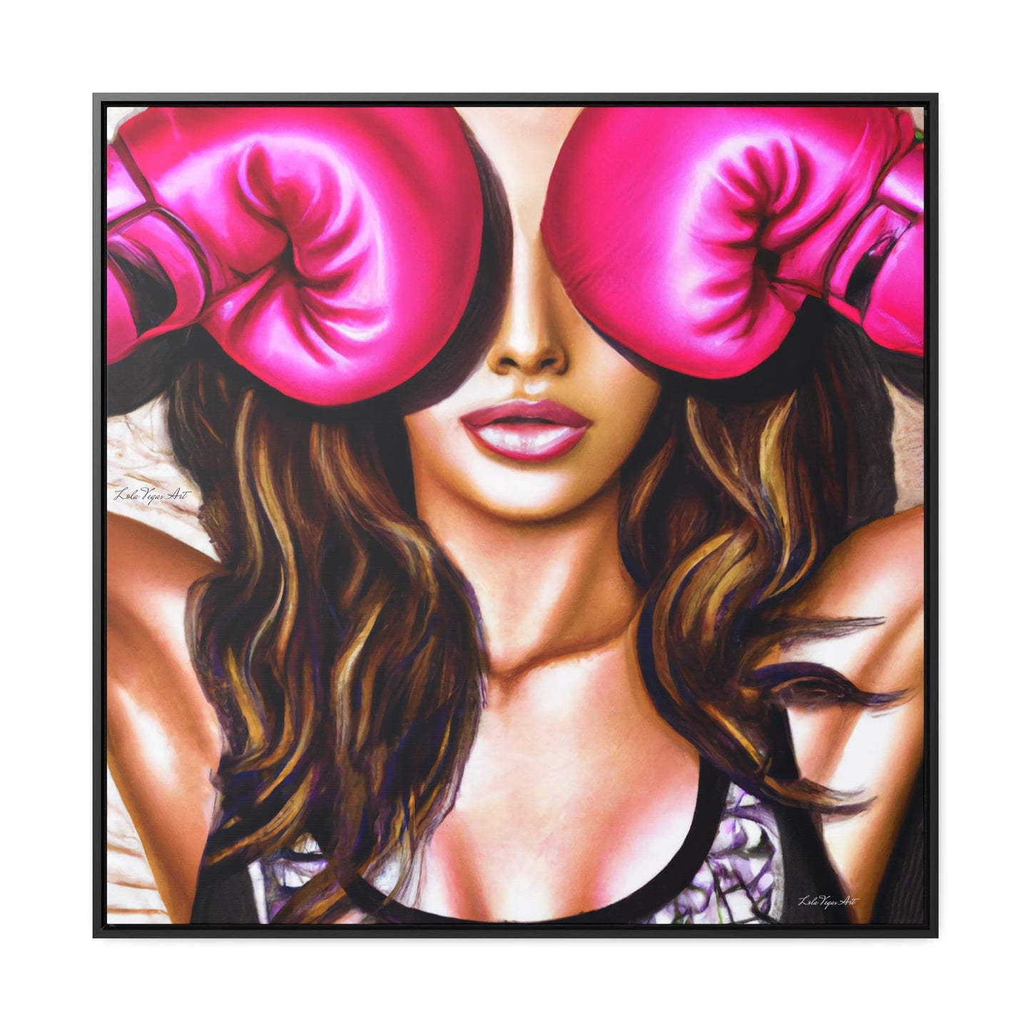 female boxer with pink gloves framed canvas wall art, unique art, powerful woman, , wall art living room framed, framed bedroom wall art - LOLA VEGAS ART