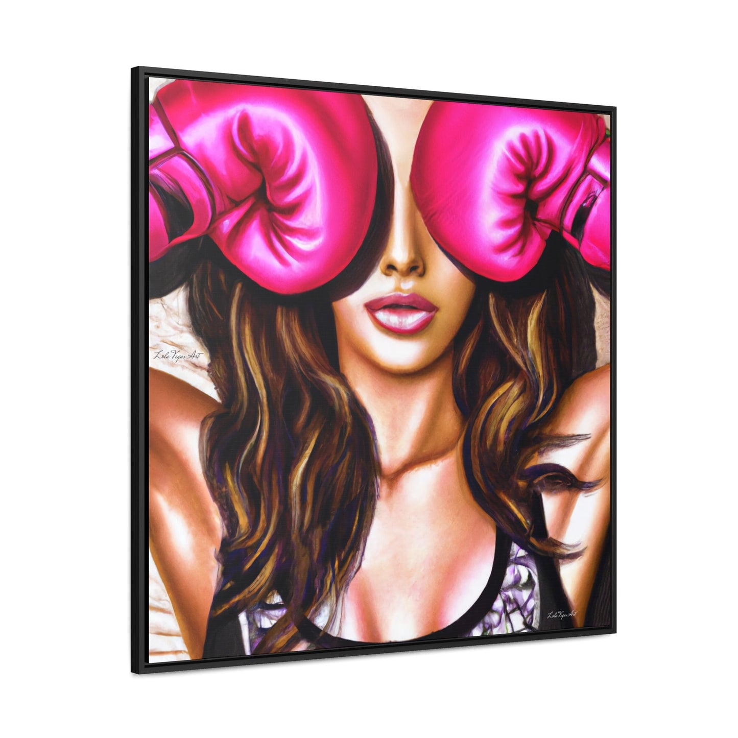 female boxer with pink gloves framed canvas wall art, unique art, powerful woman, , wall art living room framed, framed bedroom wall art - LOLA VEGAS ART