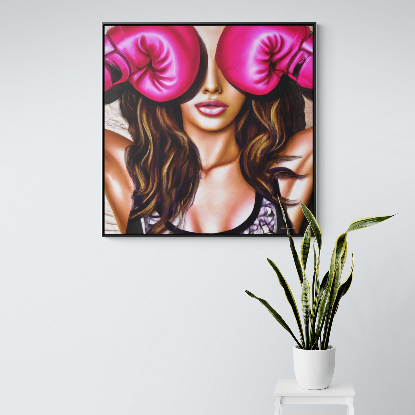 female boxer with pink gloves framed canvas wall art, unique art, powerful woman, , wall art living room framed, framed bedroom wall art - LOLA VEGAS ART