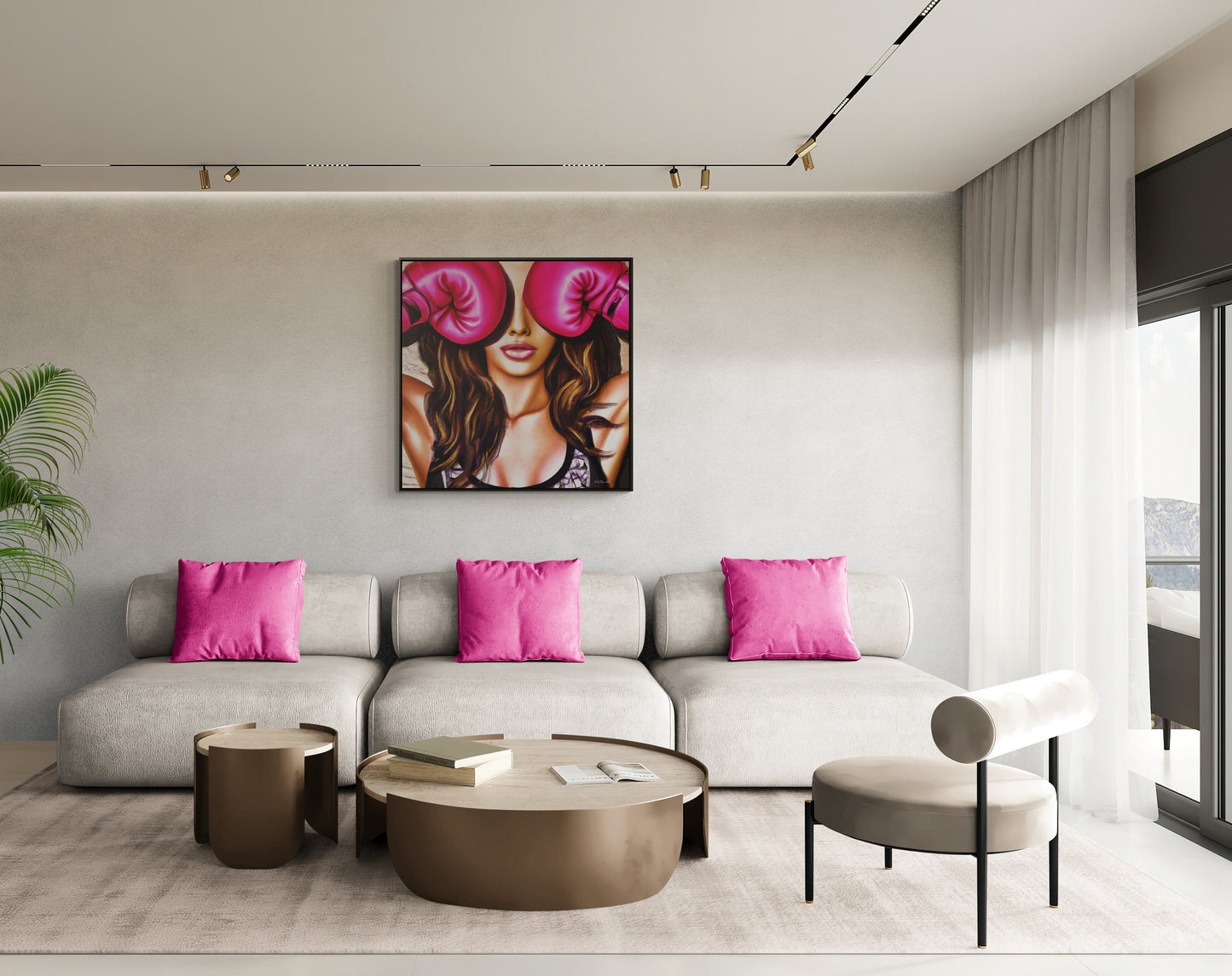 female boxer with pink gloves framed canvas wall art, unique art, powerful woman, , wall art living room framed, framed bedroom wall art - LOLA VEGAS ART