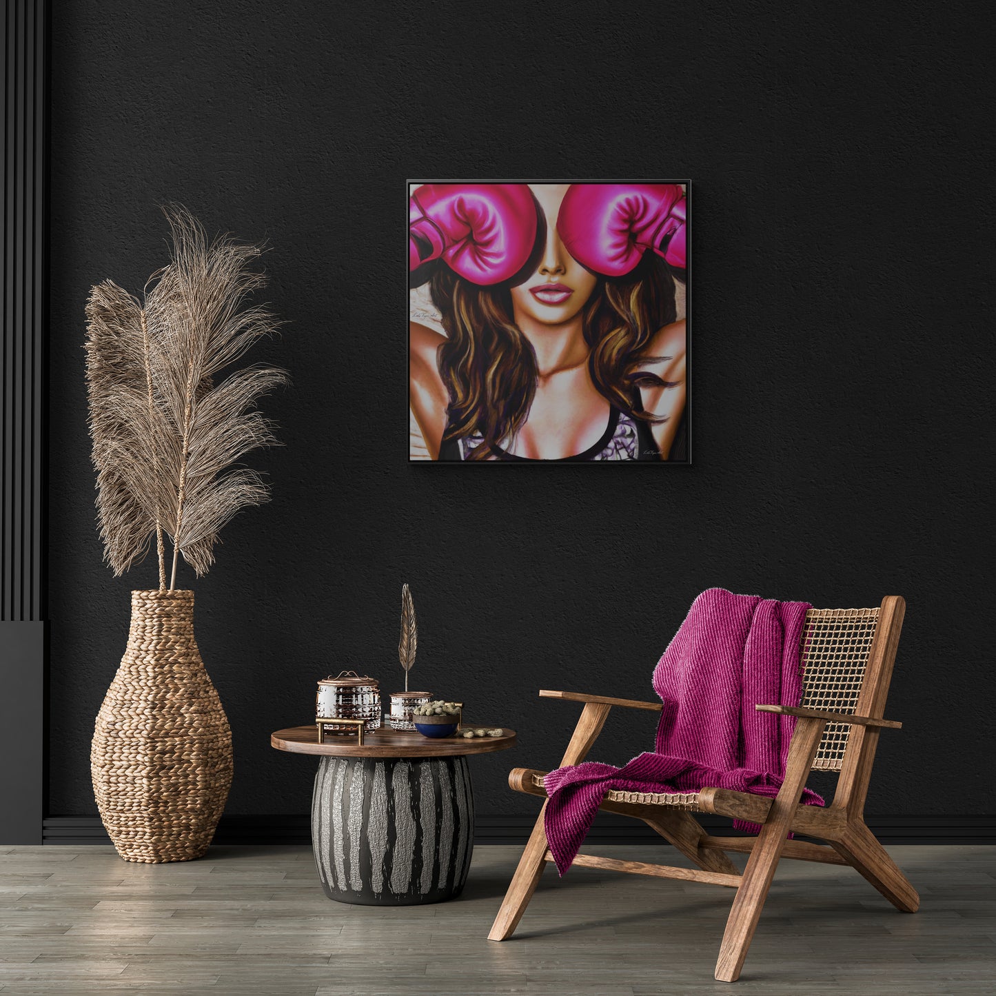 female boxer with pink gloves framed canvas wall art, unique art, powerful woman, , wall art living room framed, framed bedroom wall art - LOLA VEGAS ART