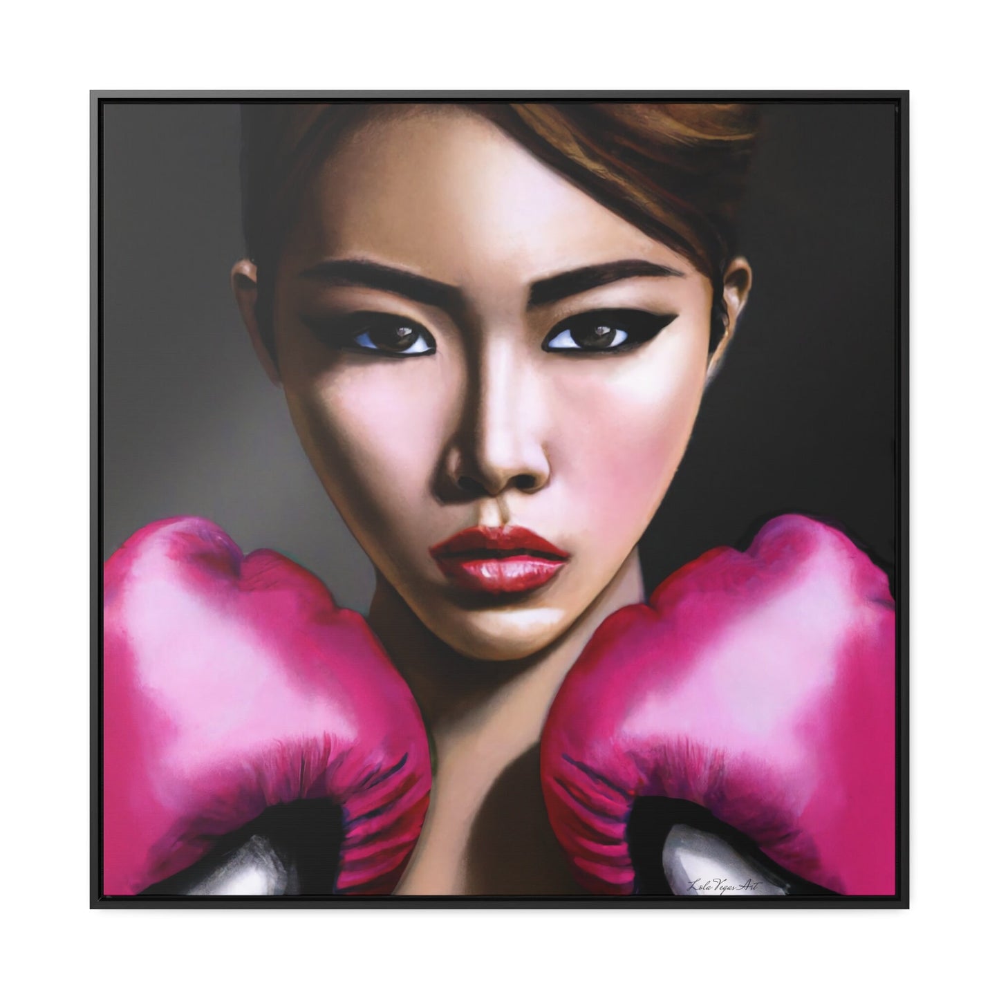 asian woman female boxer with pink gloves, powerful woman, feminist art, boxing art, wall art living room framed, framed bedroom wall art - LOLA VEGAS ART
