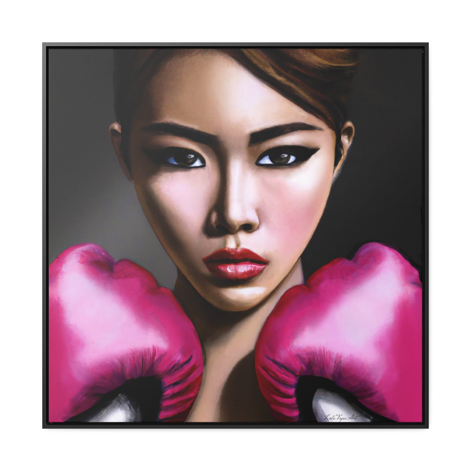 asian woman female boxer with pink gloves, powerful woman, feminist art, boxing art, wall art living room framed, framed bedroom wall art - LOLA VEGAS ART