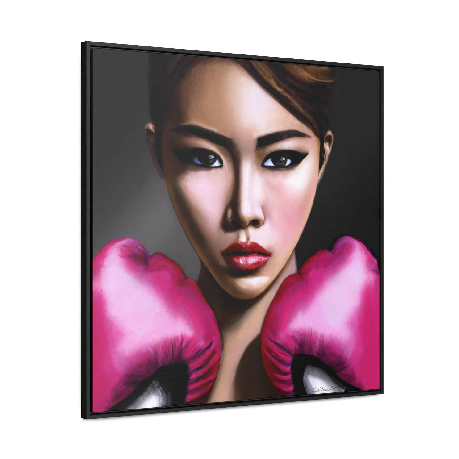 asian woman female boxer with pink gloves, powerful woman, feminist art, boxing art, wall art living room framed, framed bedroom wall art - LOLA VEGAS ART