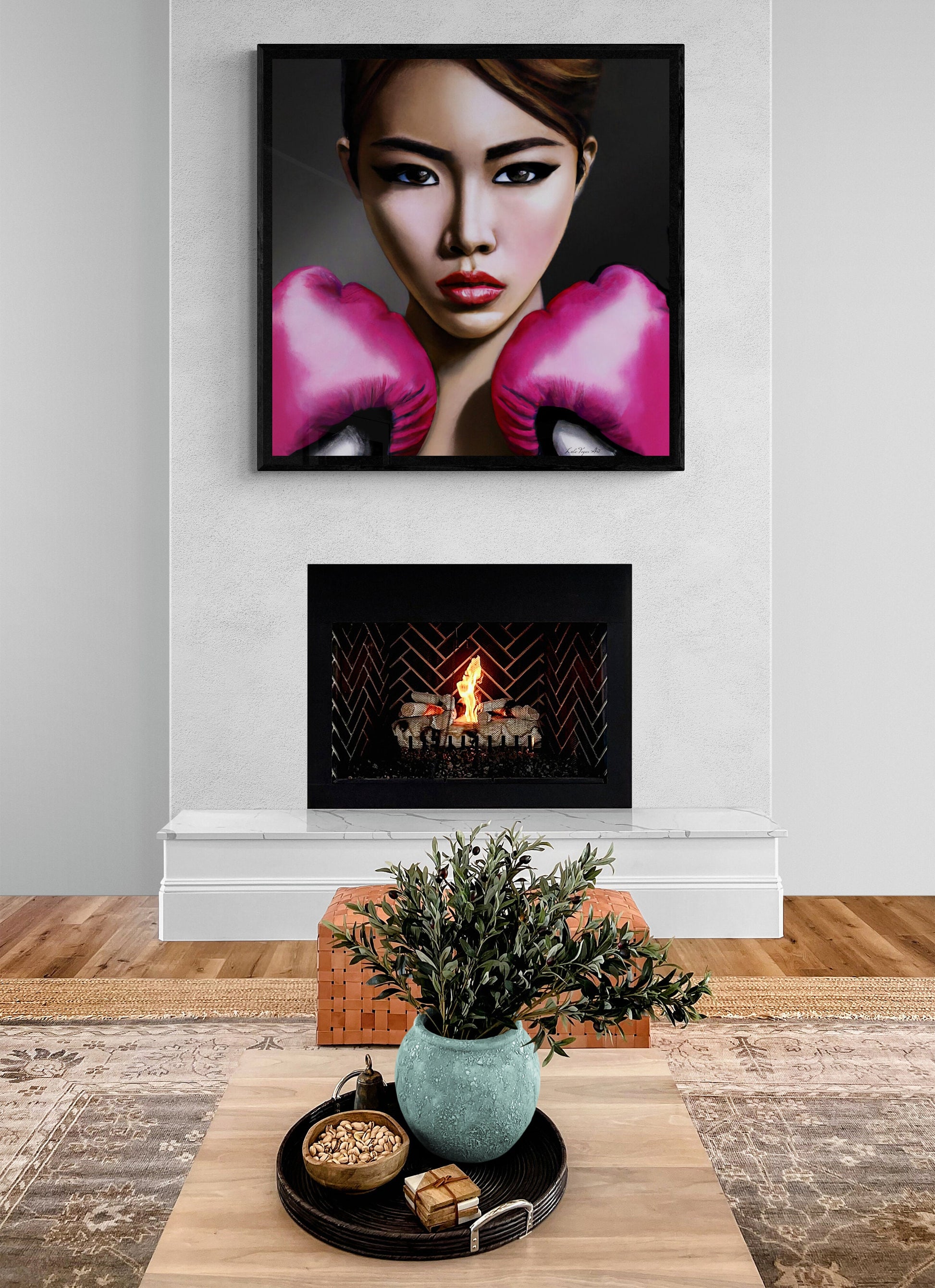 asian woman female boxer with pink gloves, powerful woman, feminist art, boxing art, wall art living room framed, framed bedroom wall art - LOLA VEGAS ART