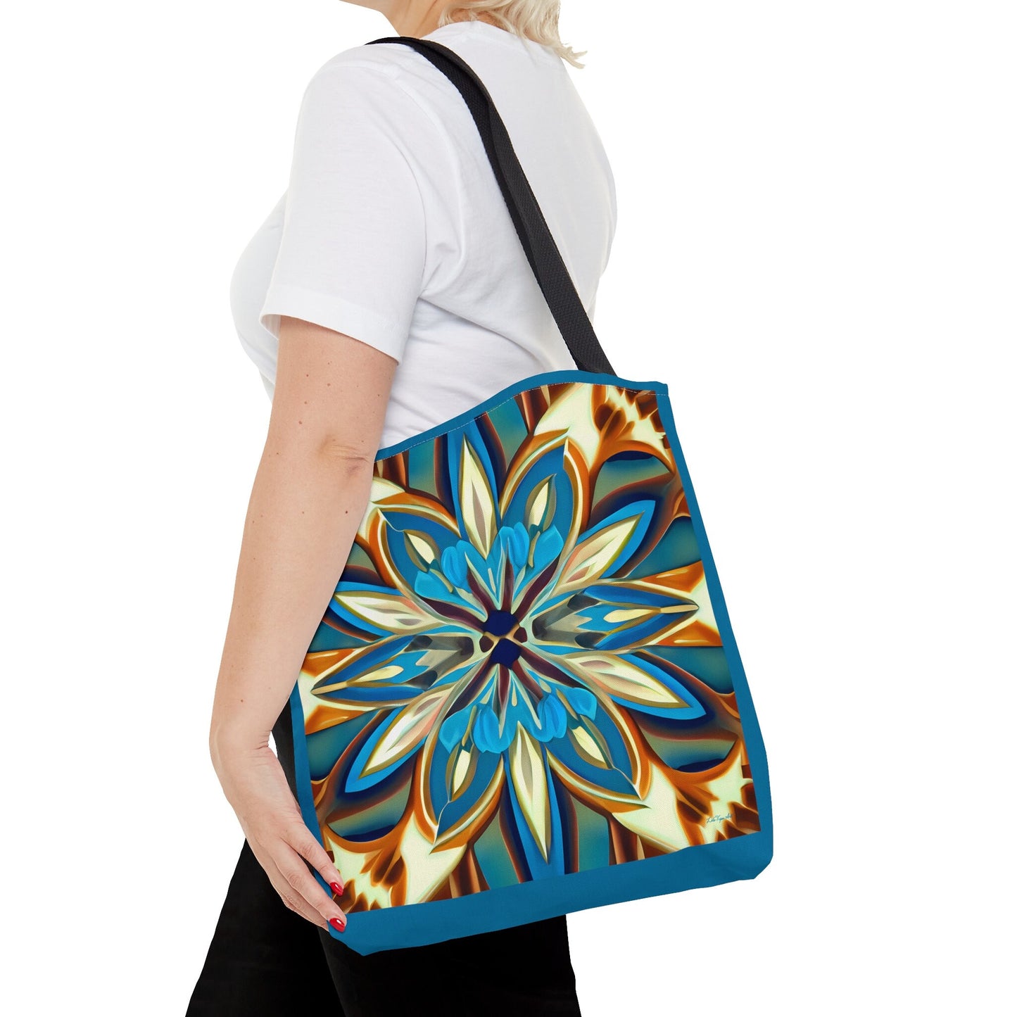 blue,creme and carmel flower canvas tote bag, gifts for women, canvas shopper, oversized bag, reusable bag, shopping bag, tote bag for women - LOLA VEGAS ART