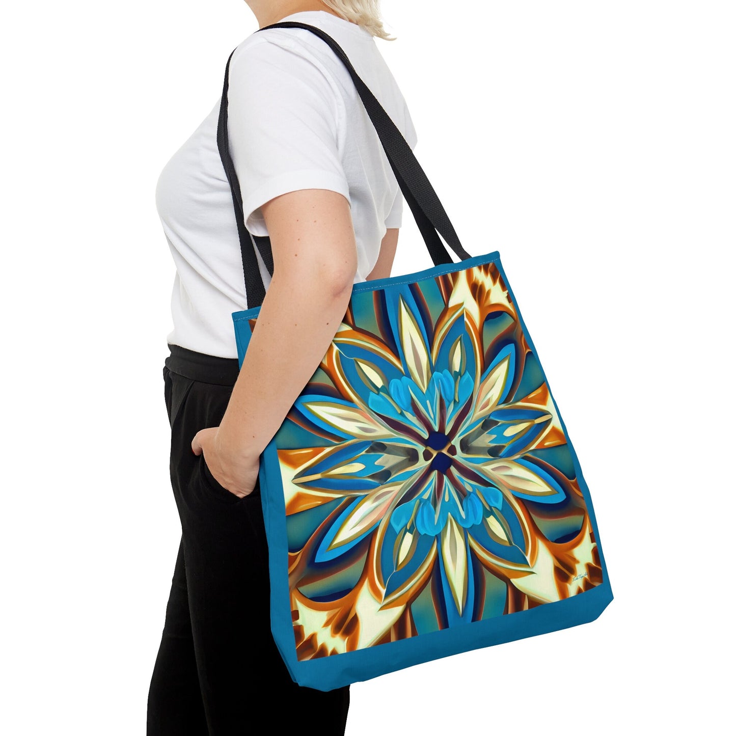 blue,creme and carmel flower canvas tote bag, gifts for women, canvas shopper, oversized bag, reusable bag, shopping bag, tote bag for women - LOLA VEGAS ART