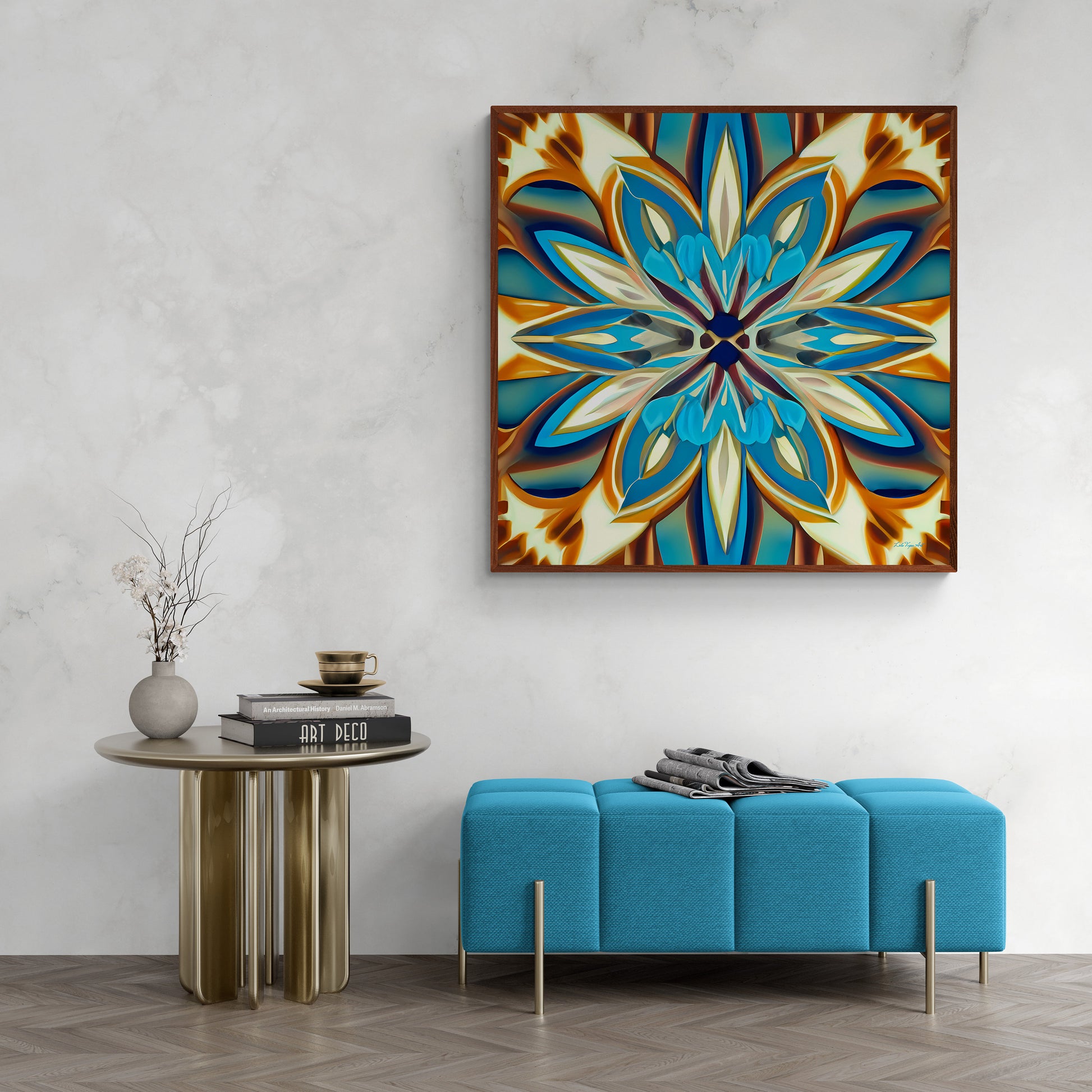 blue, creme and canvas abstract tropical flower framed canvas wall art, wall art living room framed, floral wall art, feminine wall art - LOLA VEGAS ART