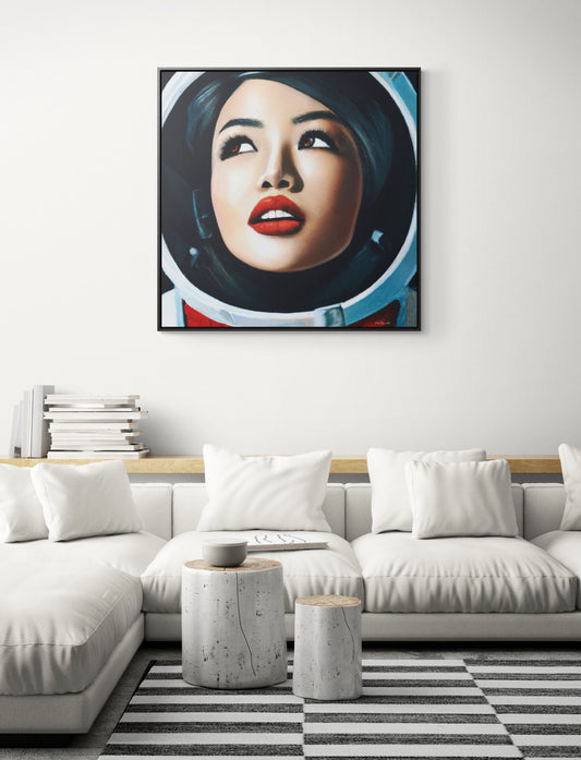 asian female astronaut framed canvas wall art, space art, space art print, astronaut in space,  wall art dcor, woman decor, astronaut gift - LOLA VEGAS ART