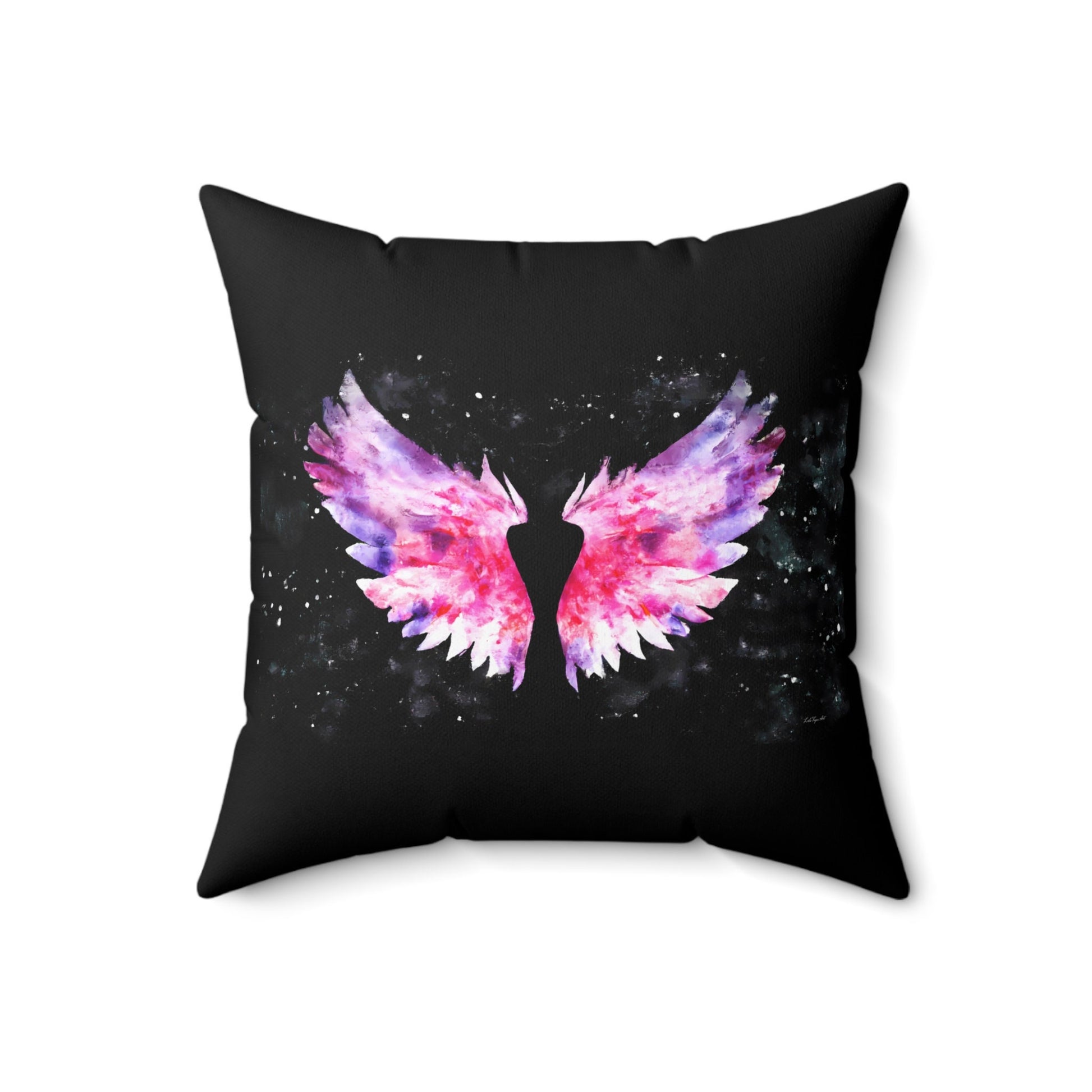 pink angel wings with black background square pillow, decorative pillow, living room pillow, bedroom pillow, throw pillow, accent pillow - LOLA VEGAS ART