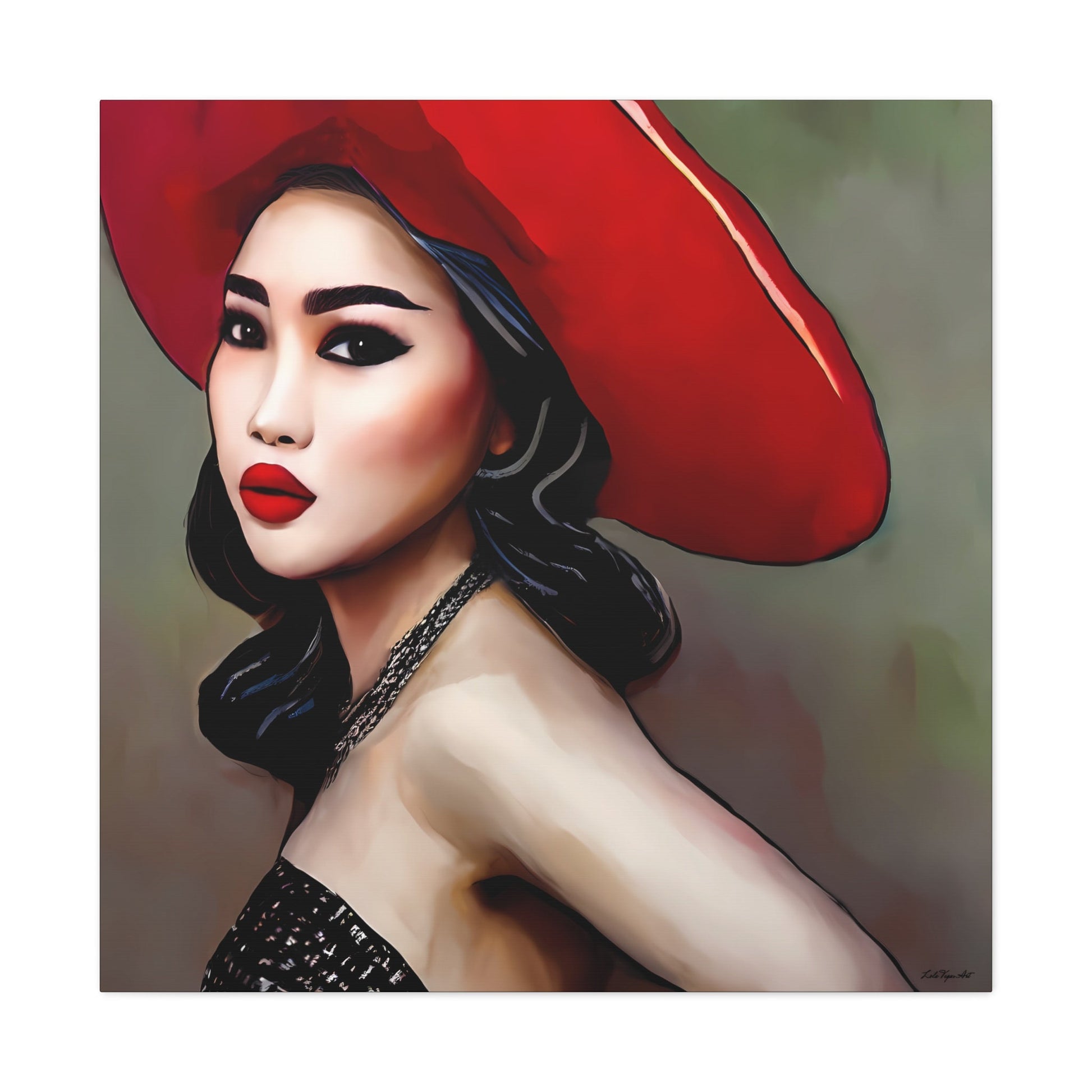 beautiful asian woman in a big red hat canvas wall art, wall art dcor, woman dcor, feminine wall art, fashion wall art, wall art woman - LOLA VEGAS ART