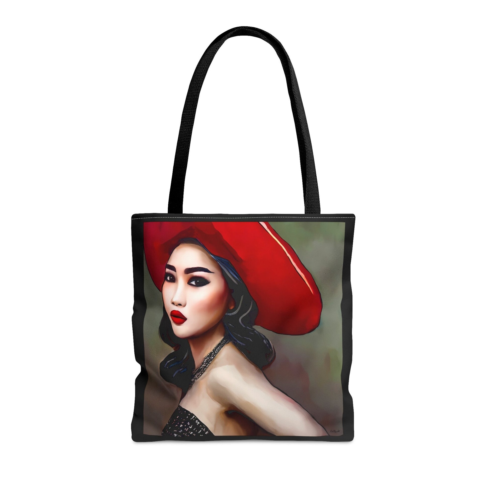 asian woman in red hat canvas tote bag, gifts for women, canvas shopper, oversized  bag, reusable bag, shopping bag, tote bag for women - LOLA VEGAS ART