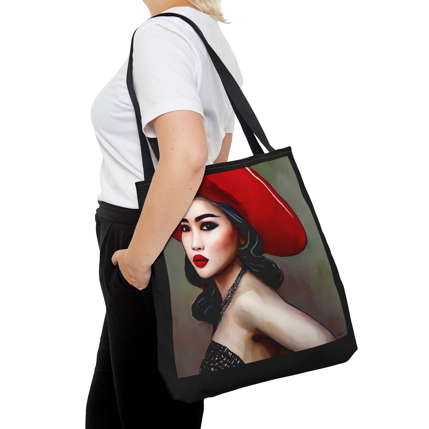 asian woman in red hat canvas tote bag, gifts for women, canvas shopper, oversized  bag, reusable bag, shopping bag, tote bag for women - LOLA VEGAS ART