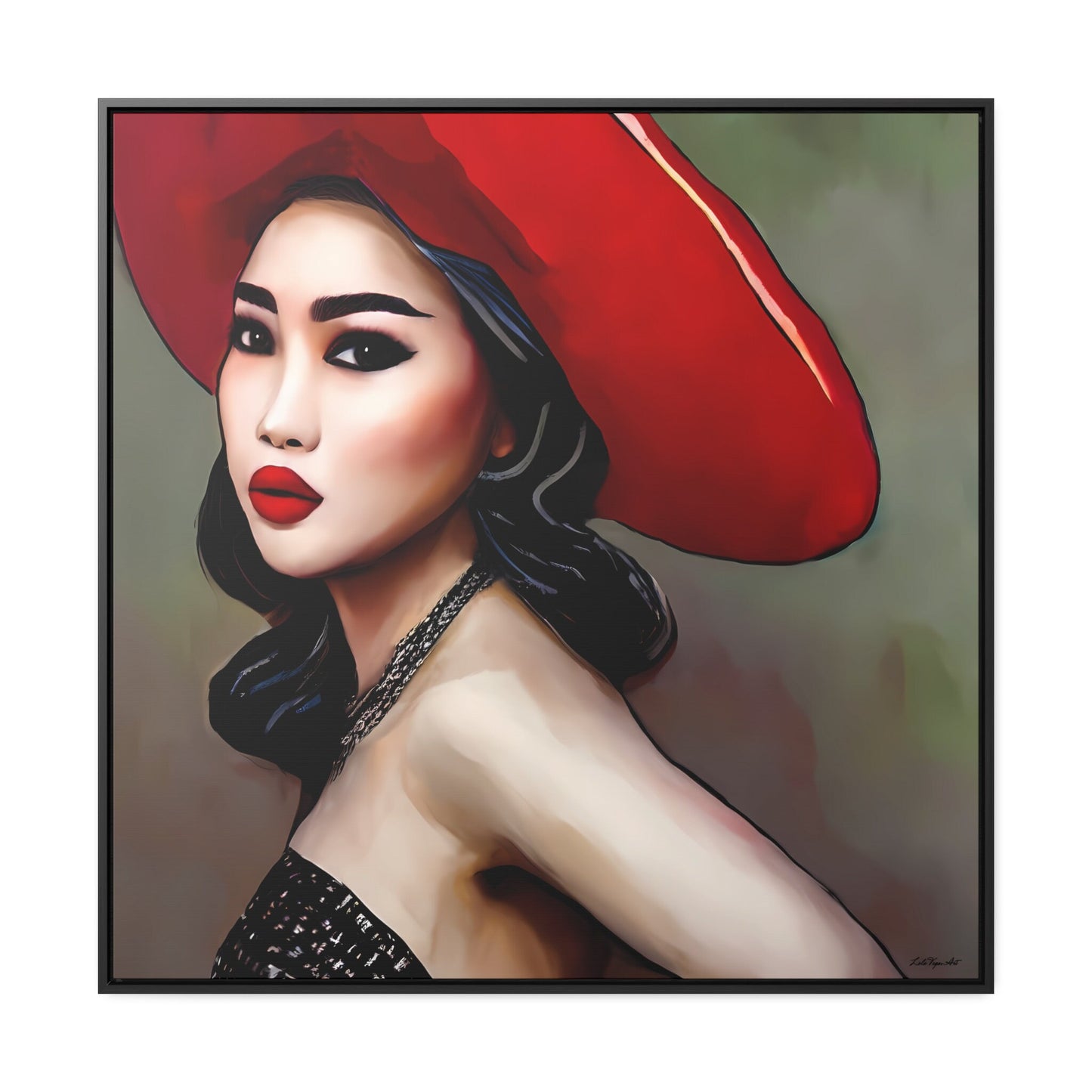 beautiful asian woman in red hat framed canvas wall art, wall art living room framed, framed woman wall decor, feminine framed wall art - LOLA VEGAS ART