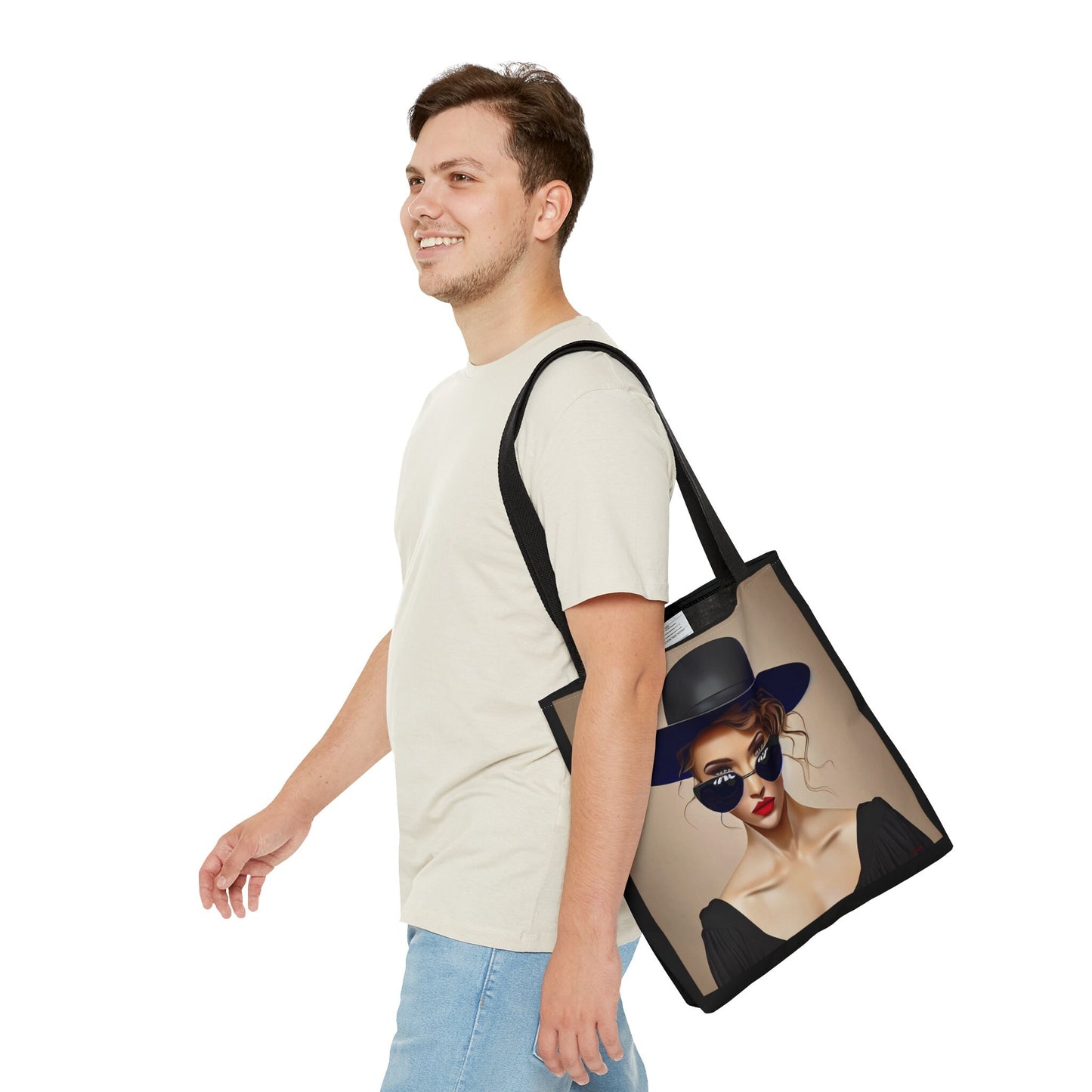 woman in sunglasses and hat canvas tote bag, gifts for women, canvas shopper, oversized bag, reusable bag, shopping bag, tote bag for women - LOLA VEGAS ART