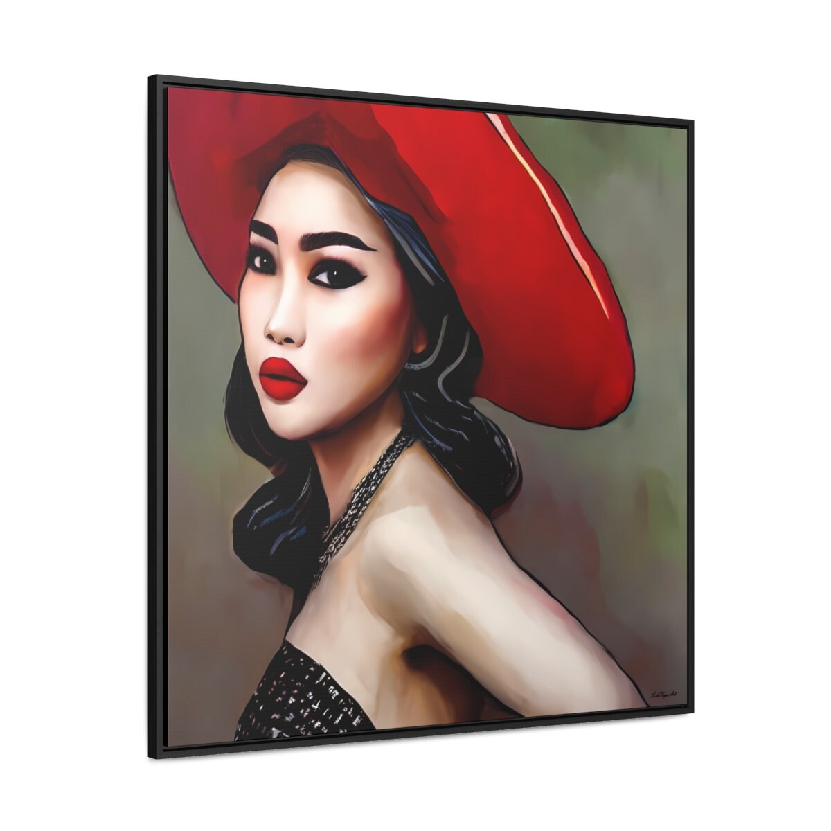 beautiful asian woman in red hat framed canvas wall art, wall art living room framed, framed woman wall decor, feminine framed wall art - LOLA VEGAS ART