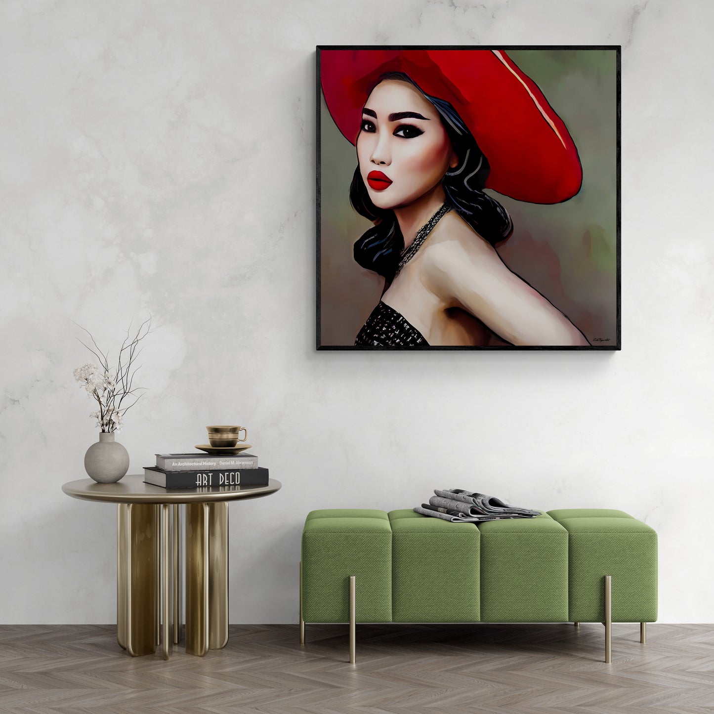 beautiful asian woman in red hat framed canvas wall art, wall art living room framed, framed woman wall decor, feminine framed wall art - LOLA VEGAS ART